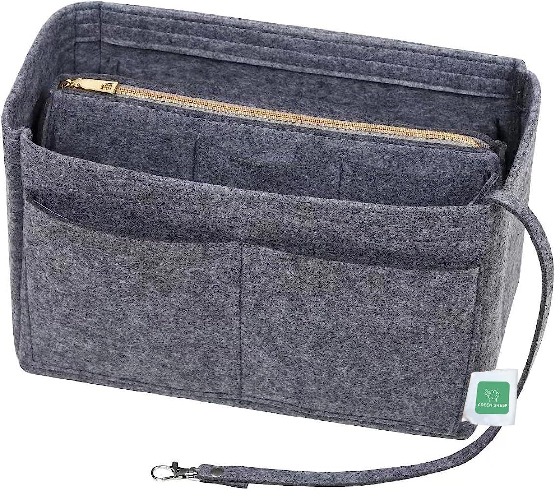 Green Sheep Purse Organizer Insert for Handbags, Premium Felt Organizer with Zipper Pocket (Medium, Grey)