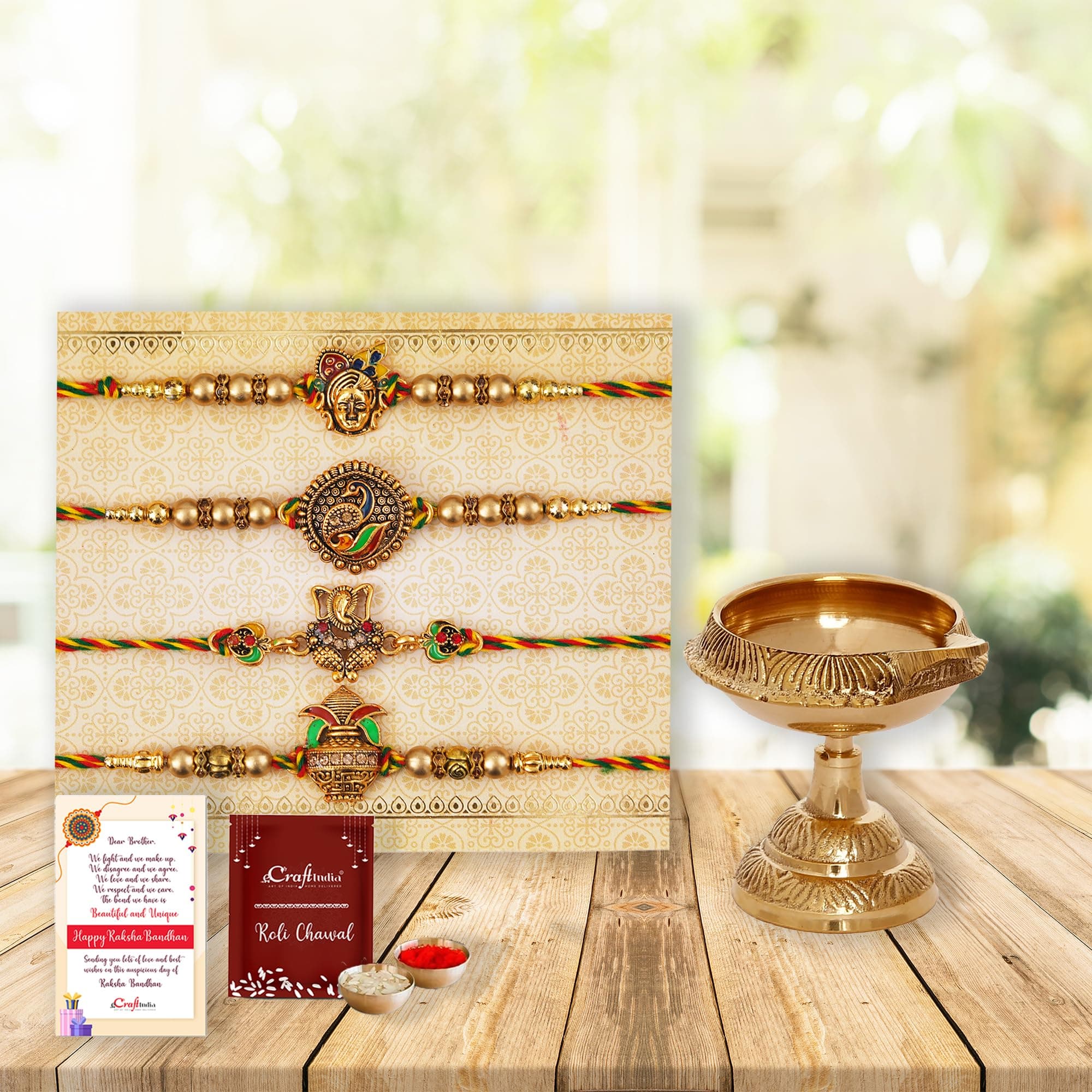 eCraftIndia Rakhi Gift for Brother | Set of 4 Shrinathji Peacock Ganesha Kalash Designer Rakhi for Brother Bhaiya Bhai | Brass Diya | Raksha Bandhan Greeting Card | Roli Chawal Pack