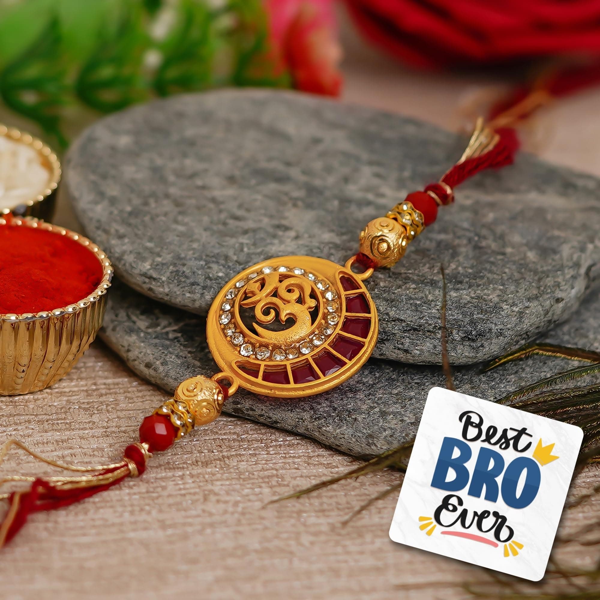 eCraftIndia Red & Golden Religious Om Symbol Designer Rakhi, Best Bro Ever Fridge Magnet with Roli Chawal Pack - Rakhi for Brother, Bhaiya, Bhai