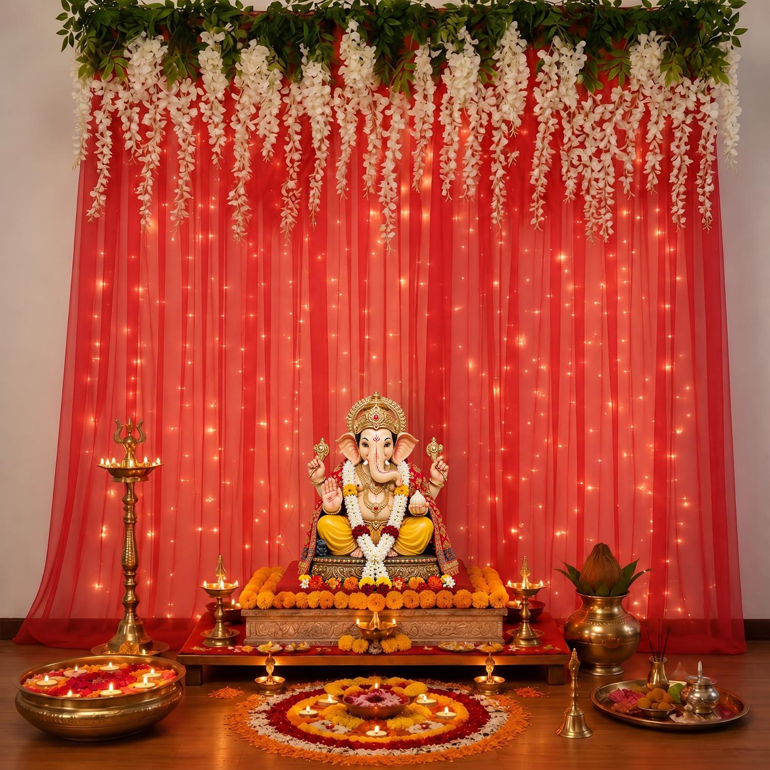 Party Propz Red Background Decoration Cloth with Artificial Ivory Wisteria Flower - 8Pcs Pooja Backdrop Cloth, Ganpati Decoration Setup For Home, Varamahalakshmi Decorative Items, Haldi Decor (Satin)