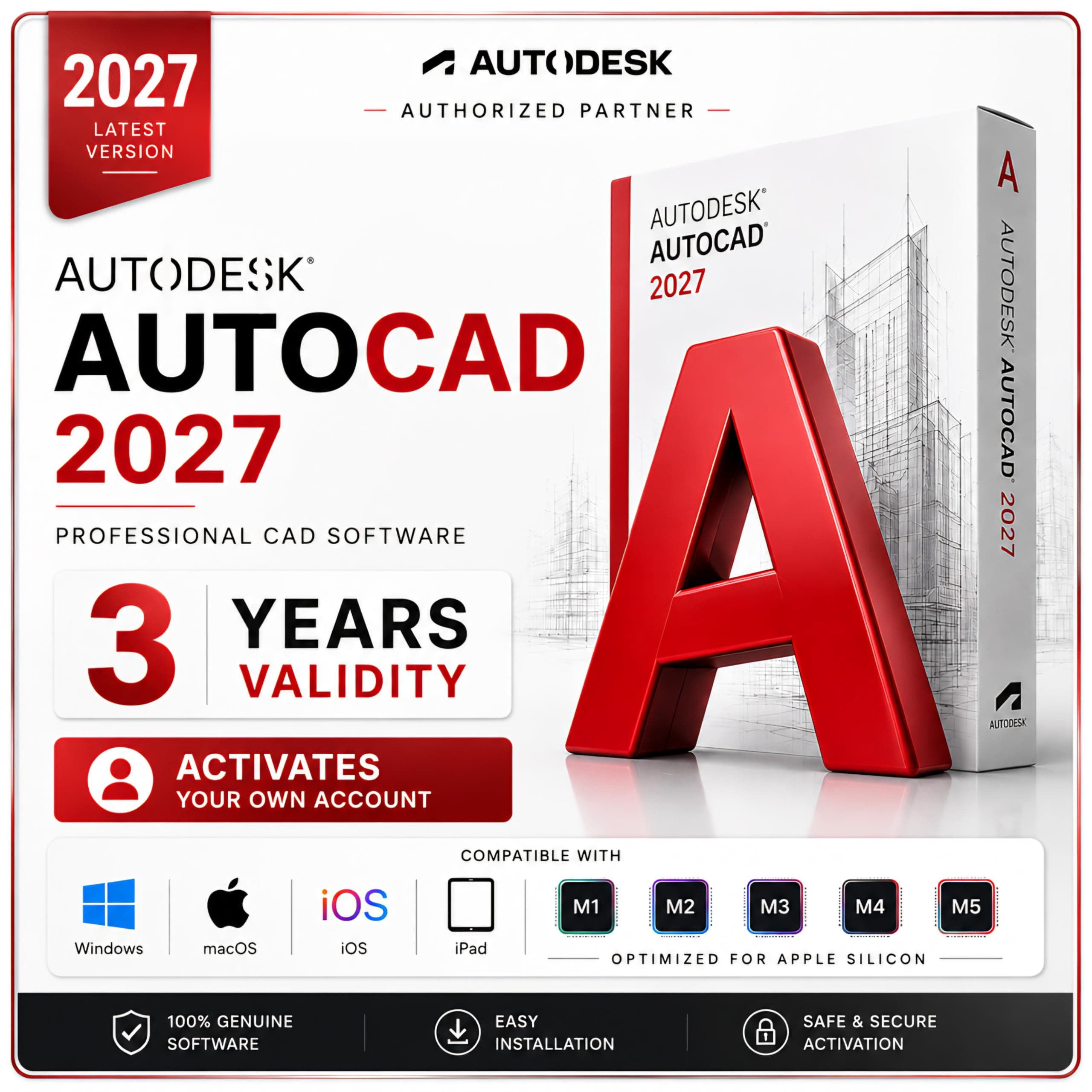 AutoCAD (New 2027 Edition with Advance Ai) 3 Years Genuine License Worldwide Activation 3 Years Subscription (3 Users/ 3 Devices) (For Windows, MacOS, Android, iOS, M1, M2, M3, M4, M5) (INCLUDES 80+ Specialized Toolsets, architecture, engineering, Agriculture & more.)