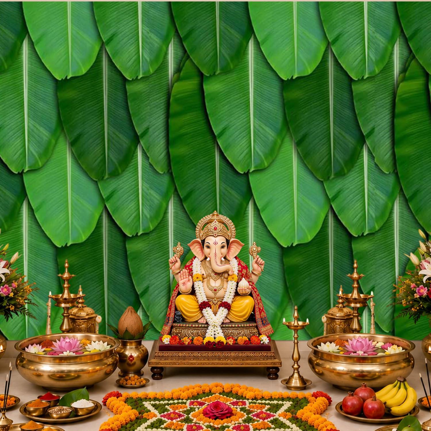 Party Propz Banana Leaf Backdrop Decorations - 1Pc(8ft*5ft) Ganpati Decoration Setup for Home, Varalakshmi Pooja Decoration Items, Krishna Janmashtami Decorations, Haldi Decor, Annaprasana Decor
