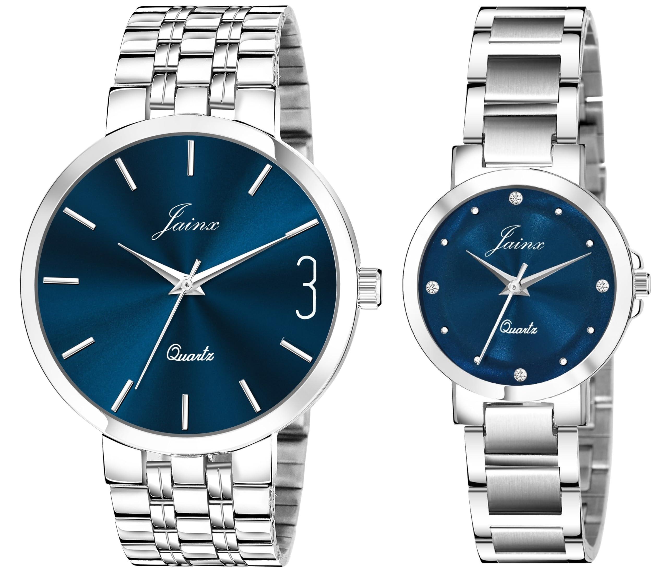 jainx Blue Dial Steel Chain Gift Set Analog Wrist Watch for Couple - JC9404