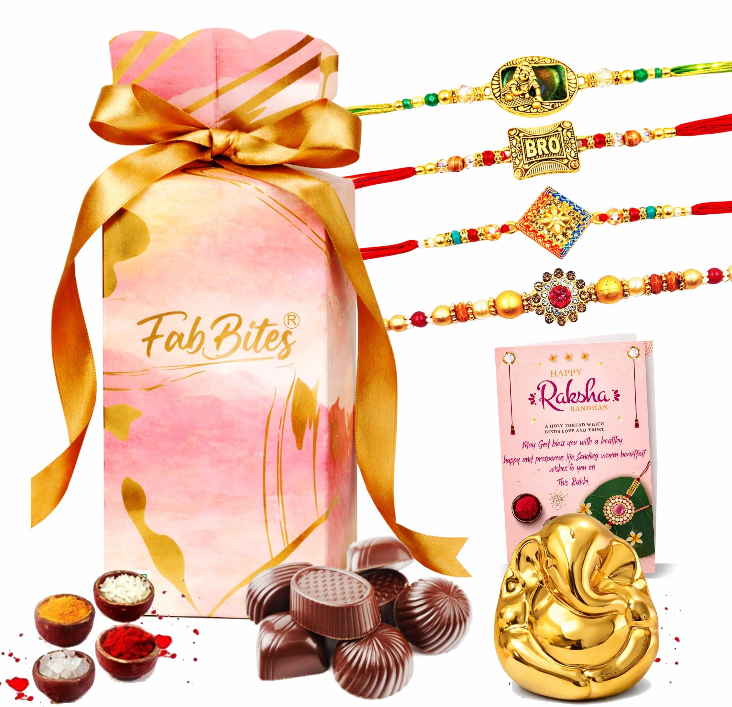 Rakhi Hamper for Brother-Set of 4 Rakhi with 12 Variety Handmade Delicious Chocolates, Elegant Ganesh Ji Idol Gift Set, Tikka Set,Rakhi Greeting Card-Gift Hamper for Brother Bhabhi