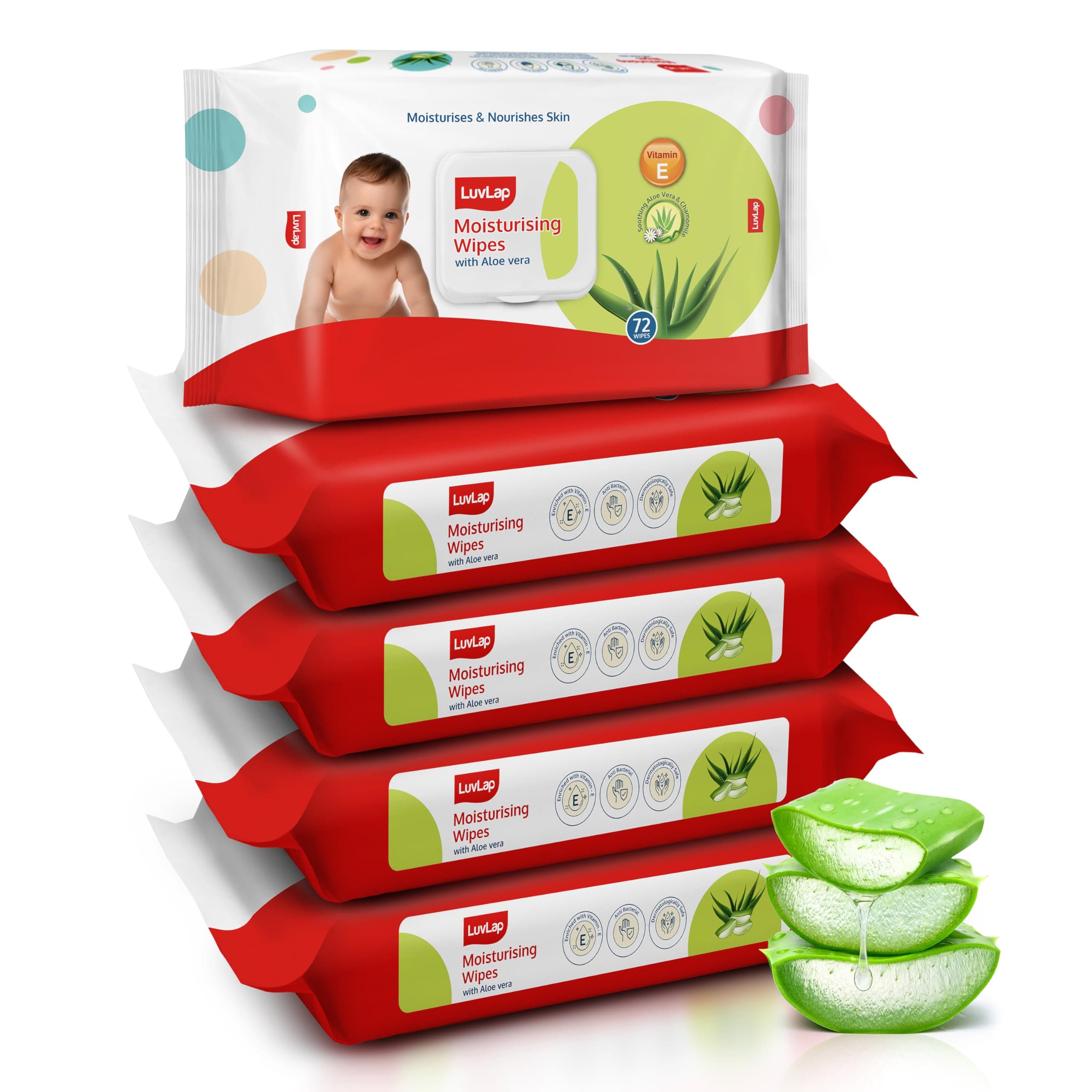 LuvLap Moisturising Wet Wipes with Lid for Baby Skin, Enriched with Aloe Vera, Vitamin E & Chamomile Extract, pH Balanced, Dermatologically Safe, Paraben & Sulphate Free, 72 Wipes, Pack of 5