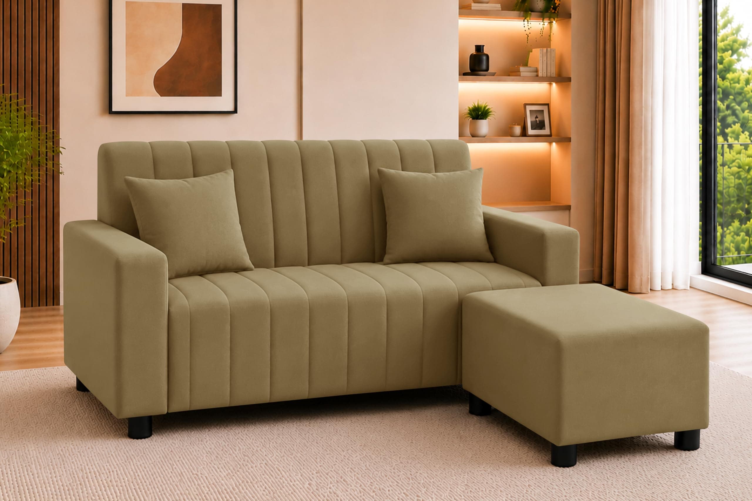 Rosebell 3 Seater Sofa with Ottoman | Living Room Couch | with Printed Cushions | Sofa for Home, Apartment & Office-Golden Color