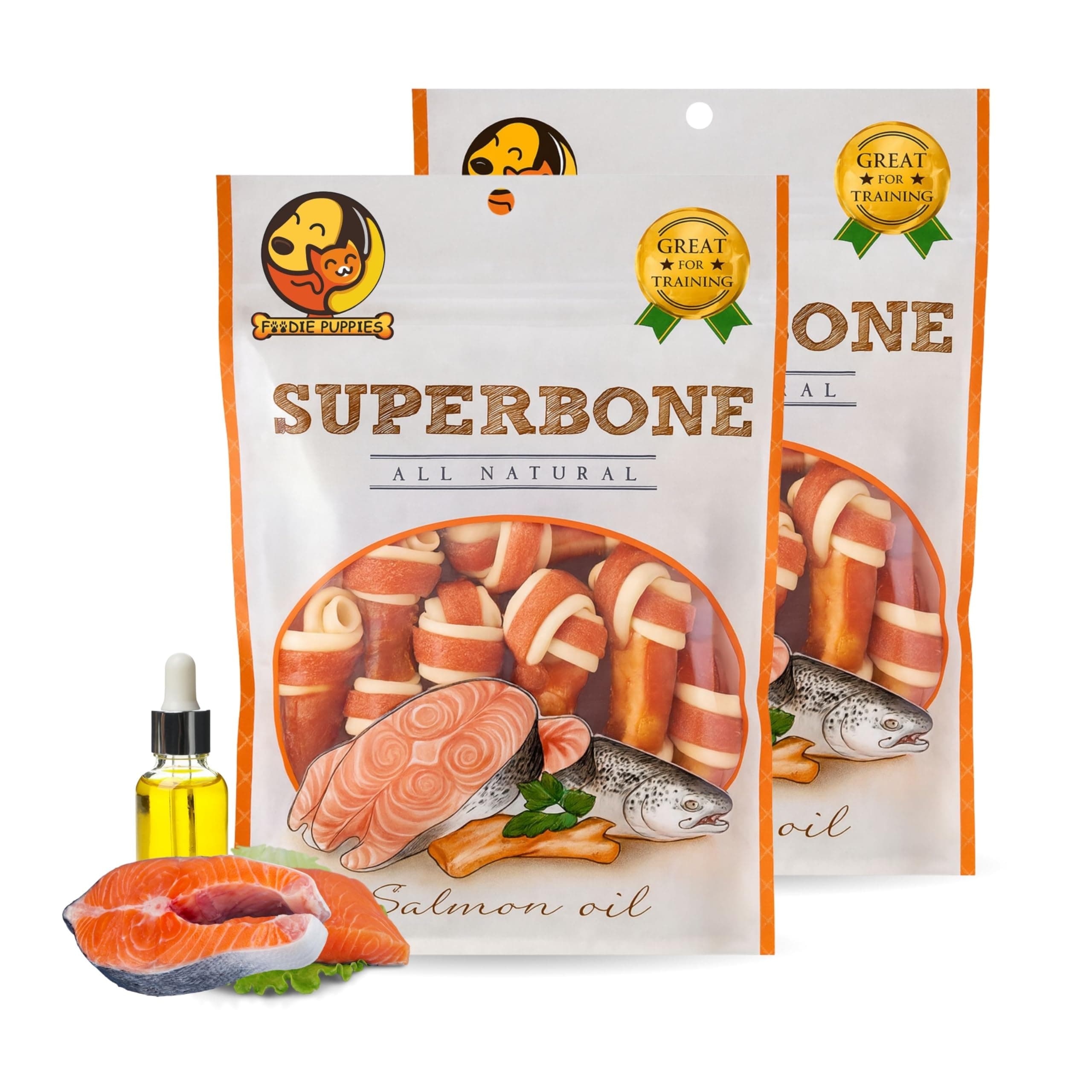 Foodie Puppies Superbone All Natural Chicken Knotted Dog Treat, 7 in 1 (Salmon Oil - Pack of 2) | Highly-Digestible Training Chew Treat | Healthy and Tasty Snack Suitable for All Breeds of Dogs