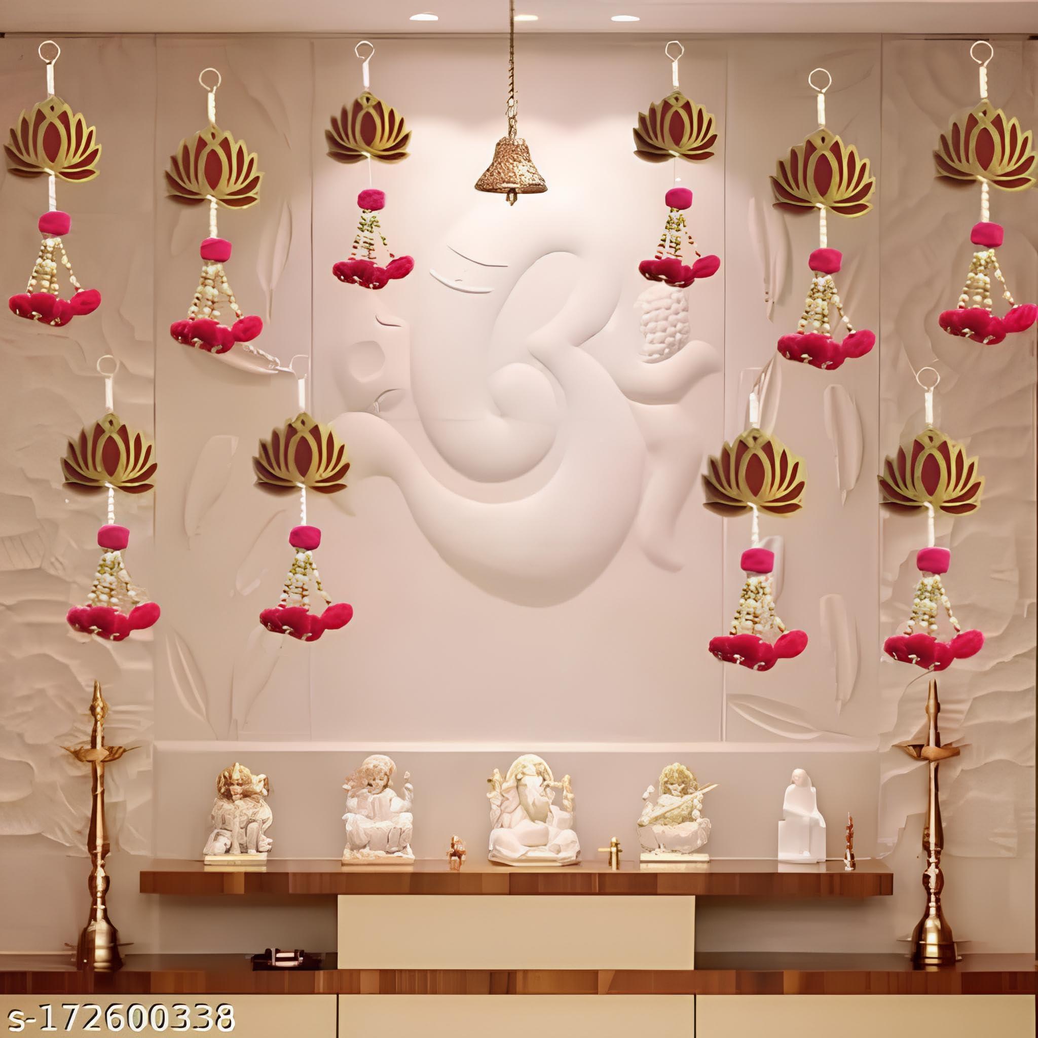 Divyakosh Wood Handmade Wall Decor Lotus with Pom-Pom Style (Set of 8 Pcs), Hanging for Home Decor,Diwali Decor, Wedding and All Festival Decor | Lotus Hangings for Home Decoration |, Multicolor