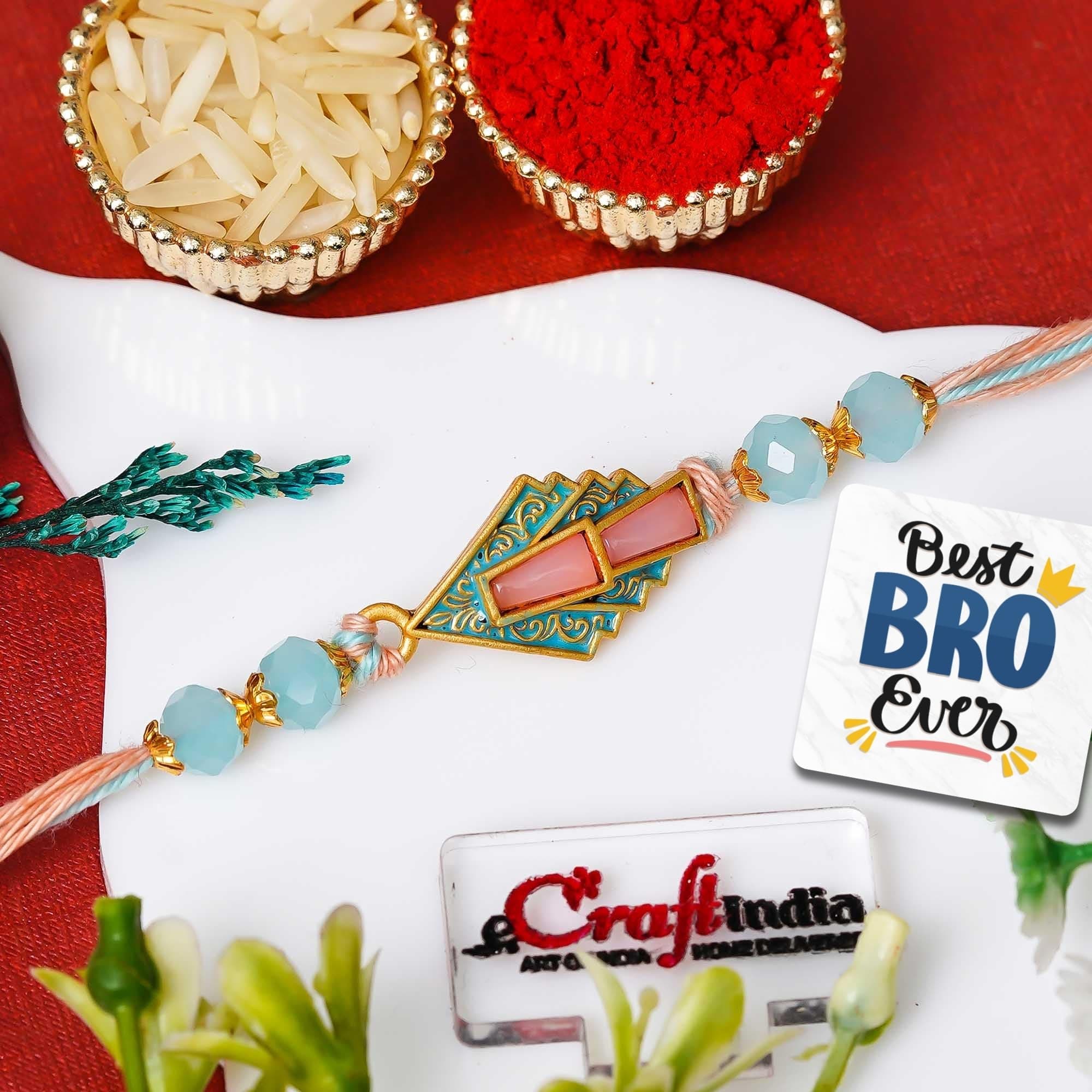 eCraftIndia Designer Fancy Rakhi for Brother with Gift Combo Set Hamper | Single Raksha Bandhan Rakhi for Bhai Bhaiya Kids Boy | Best Bro Ever Fridge Magnet | Roli Chawal Pack