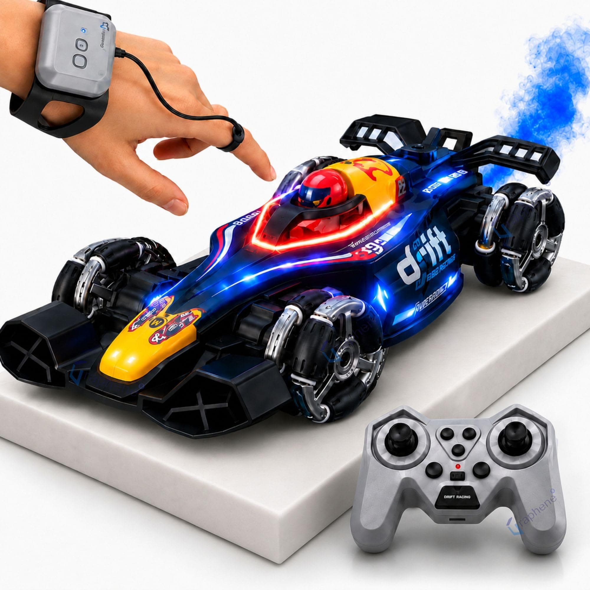 GRAPHENE RC 4x4 Formula F1 Drift Smoke Stunt 4WD Remote Control Car Toy for Kids 1:14 Offroad 2.4Ghz Hand Sensor Gesture 360° Rotation RGB Lights Music Sports Racing Cars 4+ 5+ 6+ Boys Girl Adults