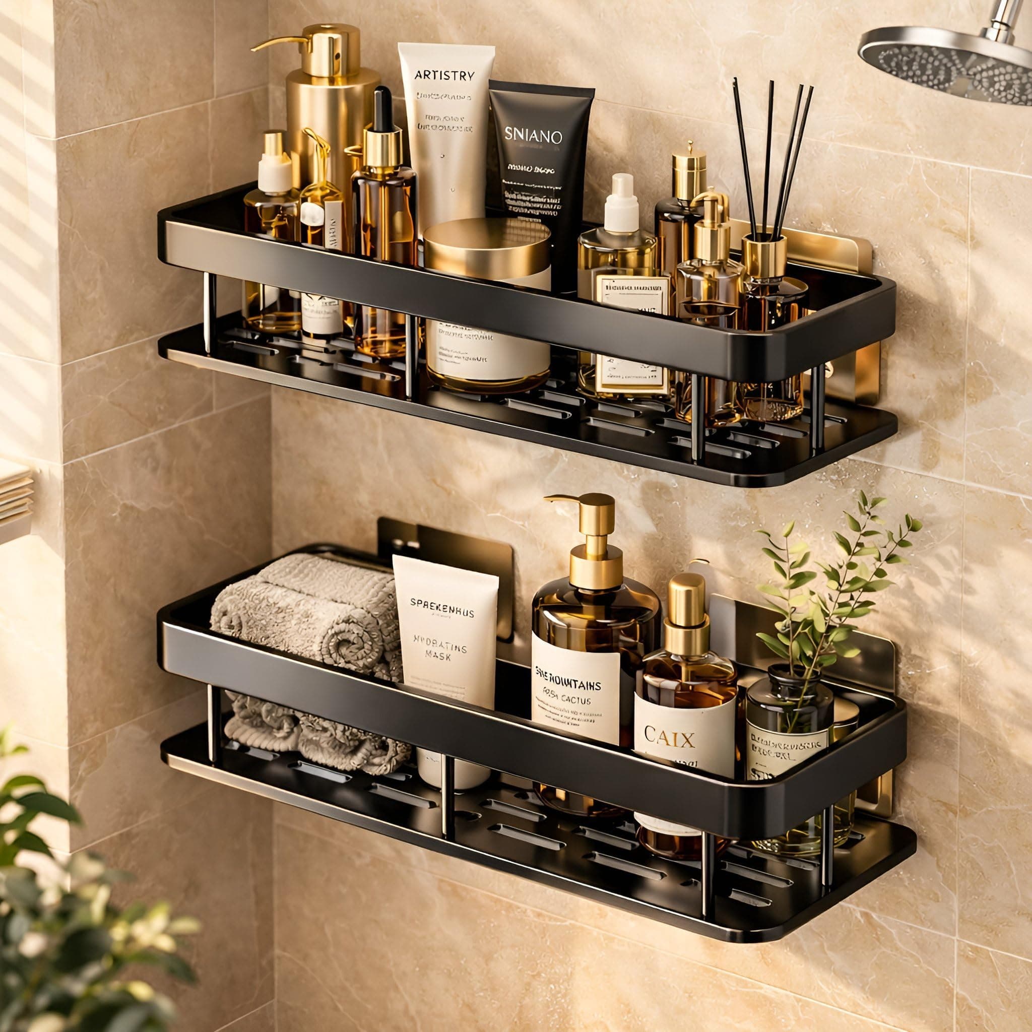 DALUCI Bathroom Shelf Without Drill for Wall | Self Adhesive Bathroom Organiser | Wall Mounted Bathroom Shelves Rack | Strong Adhesive Storage Organizer Stand (Black, Pack of 2)