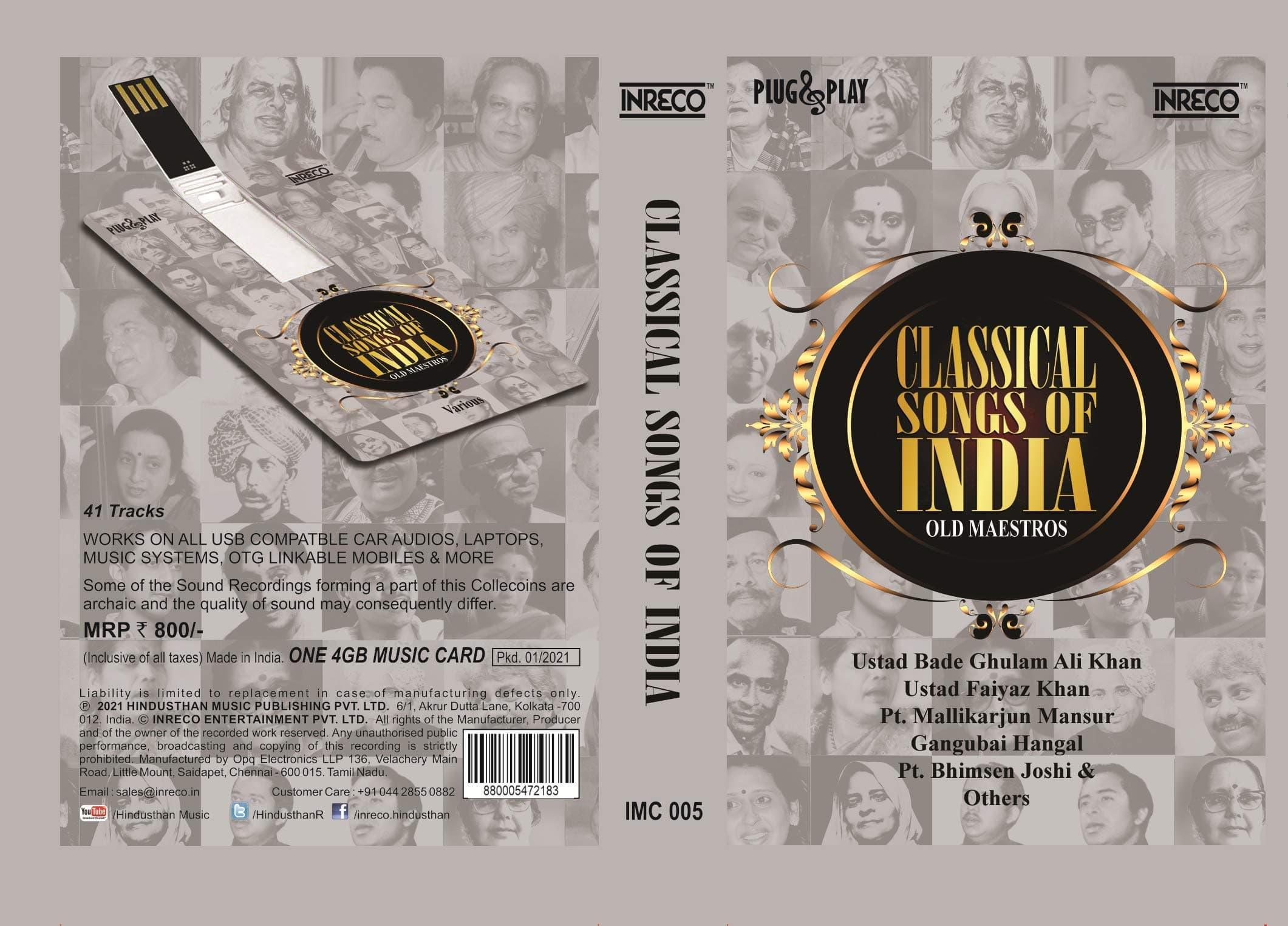 Inreco -Music Card -Classical Songs of India - Old Maestros - Bade Ghulam Ali Khan, Faiyaz Khan, Pt. Mallikarjun Mansur, Gangubai Hangal, Pt. Bhimsen Joshi - Classical Music - IMC 005 ( 4GB Music Card )