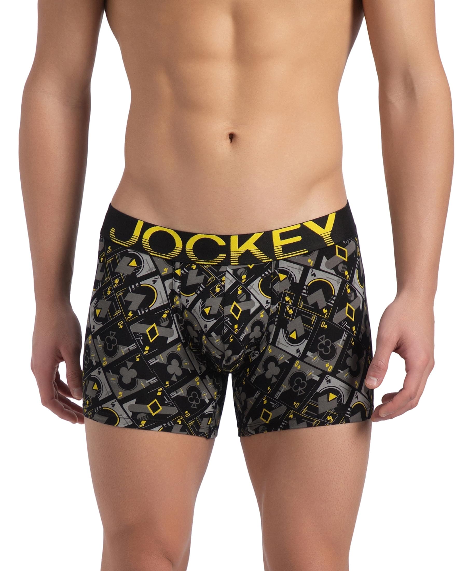 Jockey FP23 Men's Super Combed Cotton Elastane Stretch Printed Trunk with Ultrasoft Waistband_Black Empire Yellow_L