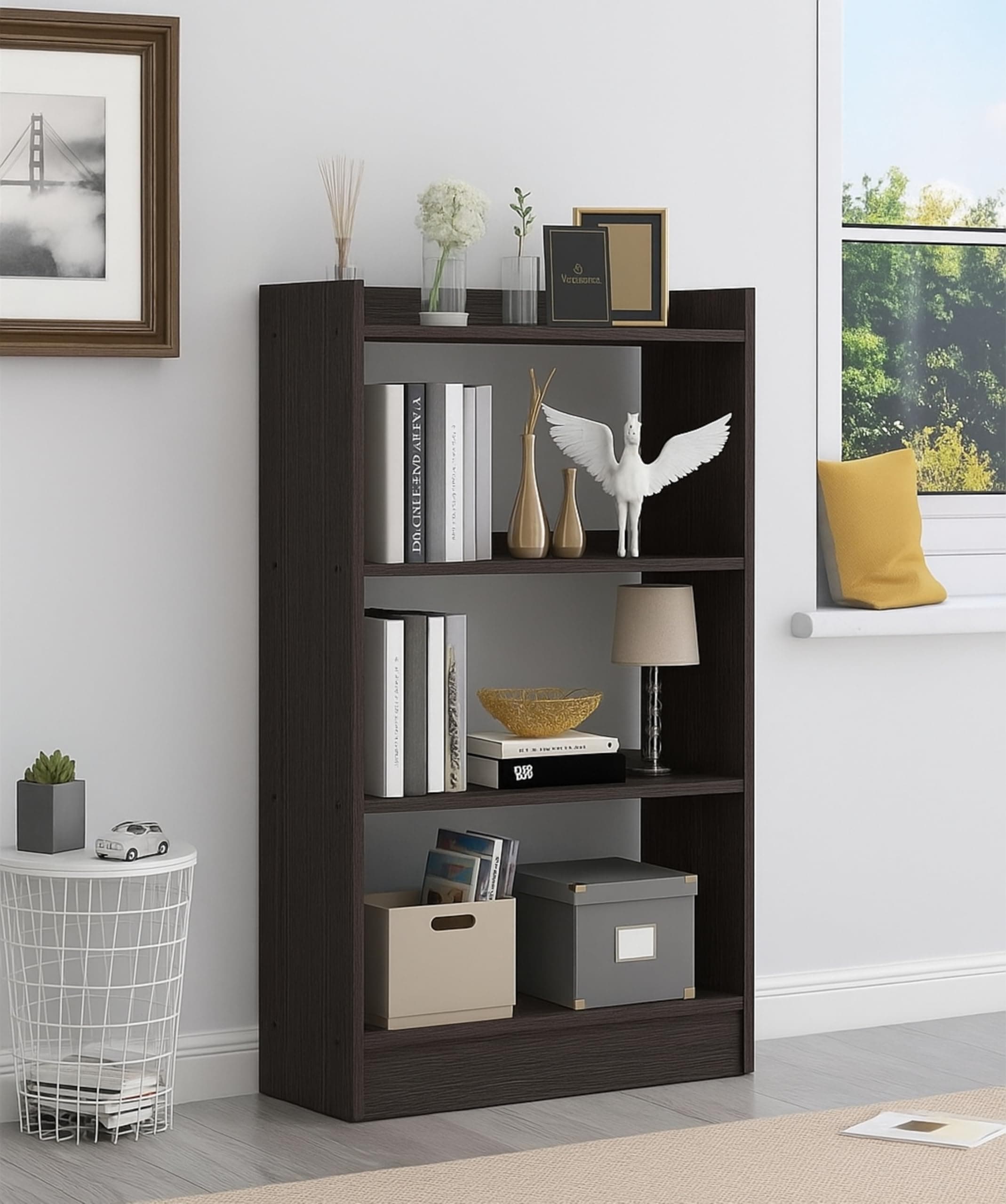 Enigmatic Woodworks Wooden Large Open Bookshelf Multipurpose for Home Rack Showcase Organizer for Living Room I Study Room I 4-Tier I Finish-Suede DIY (Wenge) 61x24 x 91 cm
