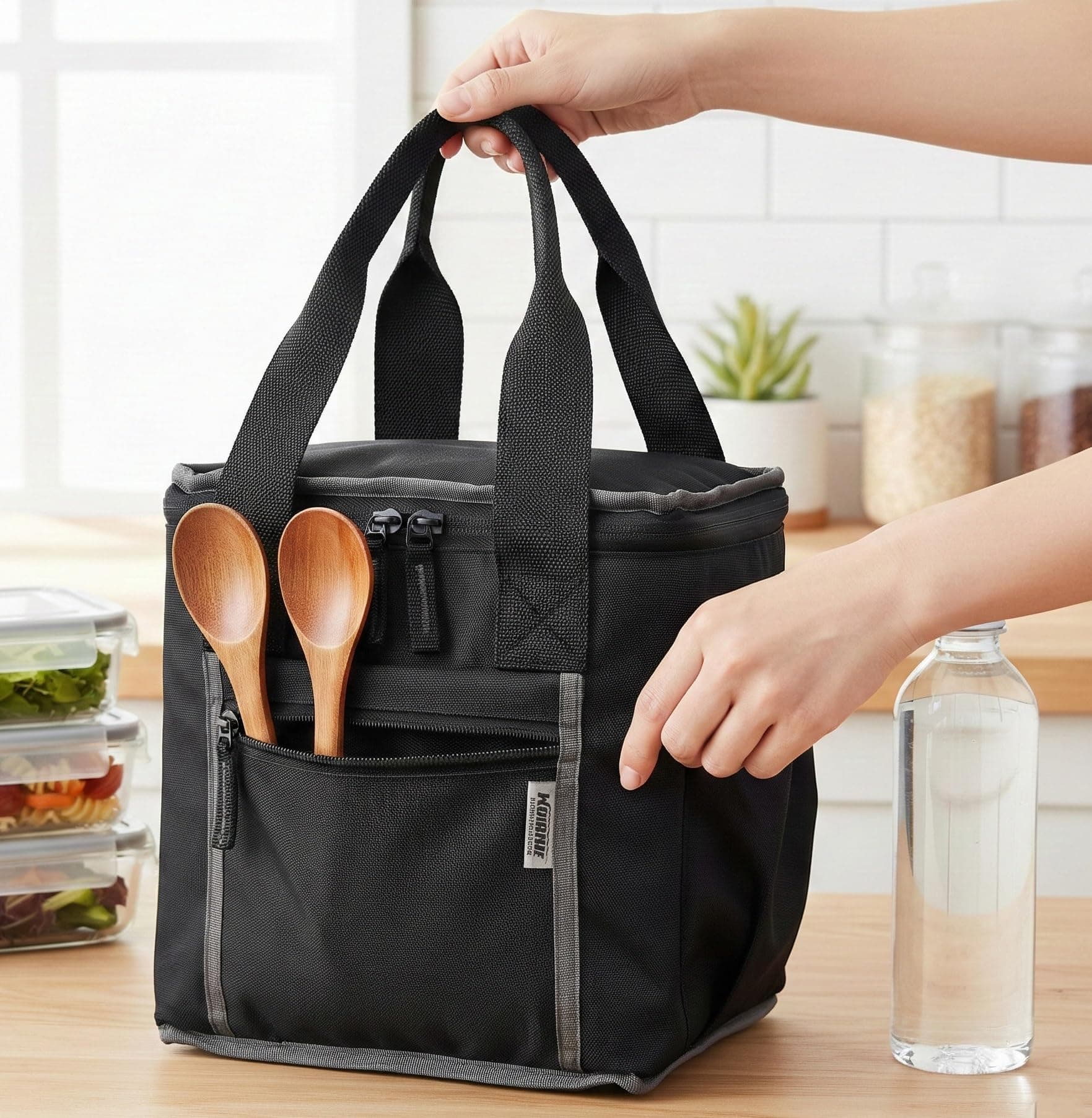Wooum Thermal Insulated Lunch Bag for Office Men Women Kids | 9L Tiffin Bag with Bottle Holder | Waterproof Food Bag for School, Travel, Work | Leakproof, Compact, 1 Year Warranty (Black)