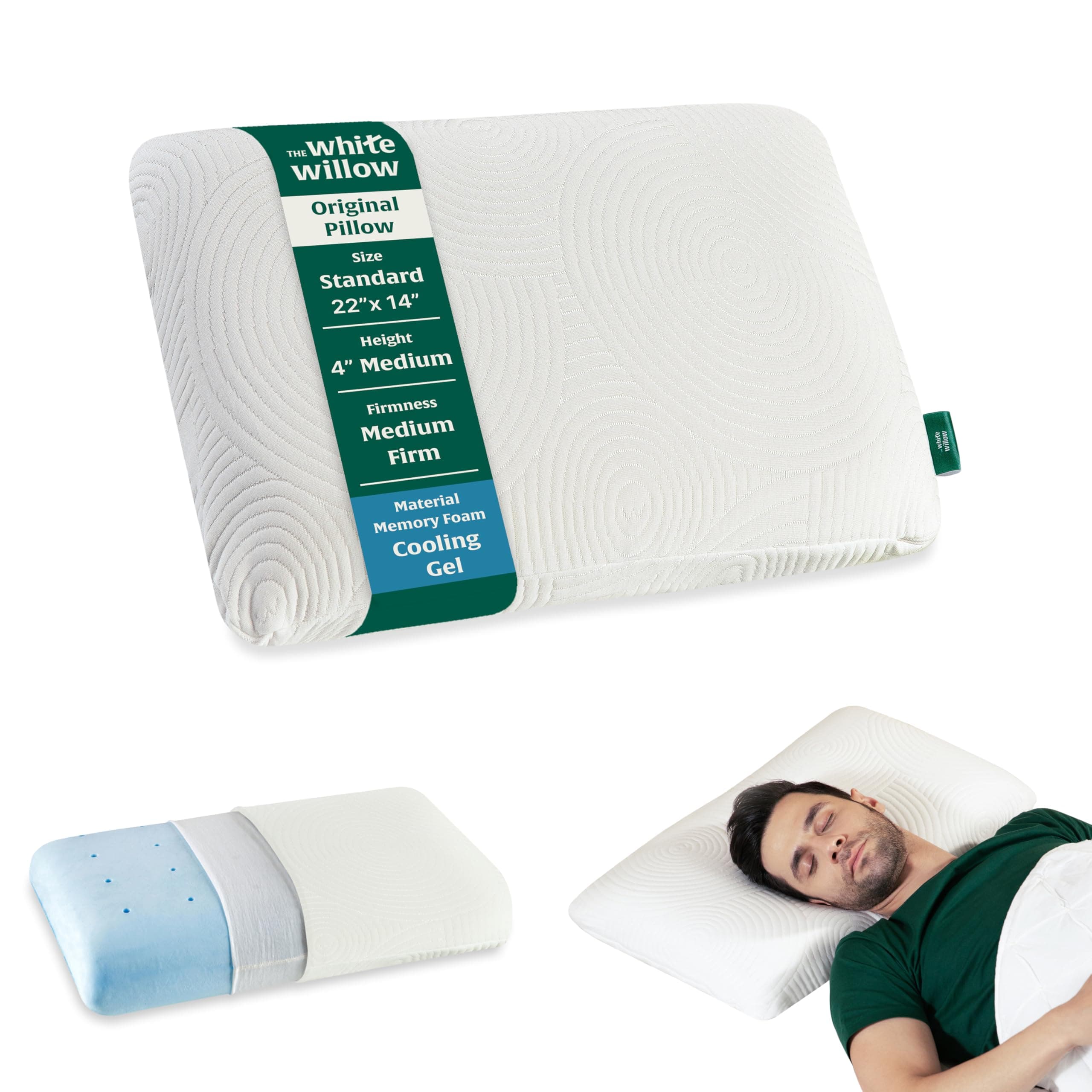 The White Willow Orthopedic Memory Foam Cooling Gel Regular Size Neck & Back Support Sleeping Bed Pillow (22”L x 14”W x 4”H Inches)- White