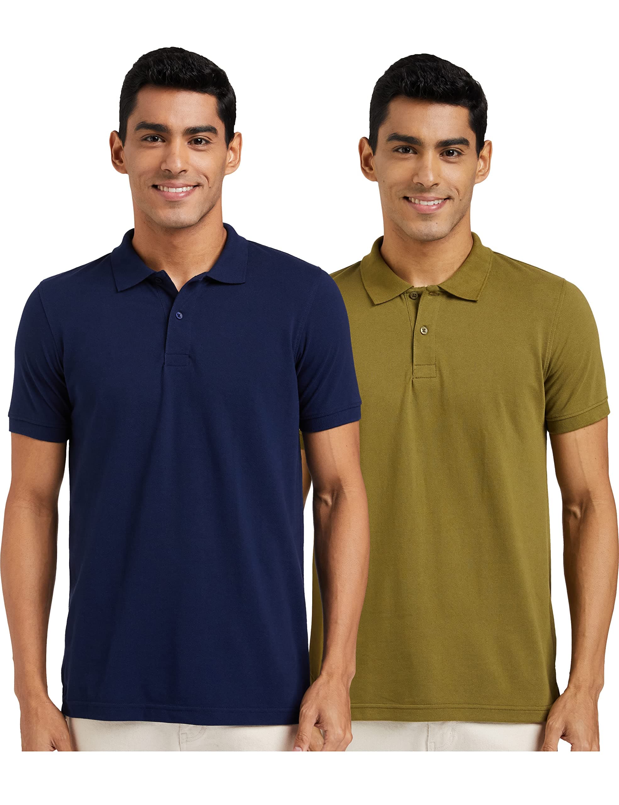 Amazon Brand - Symbol Men's Cotton Rich Polo T Shirt | Collar Tshirts | Half Sleeves | Plain (Combo Pack of 2) - Regular Fit (Neo Olive & Iris Navy_2XL)
