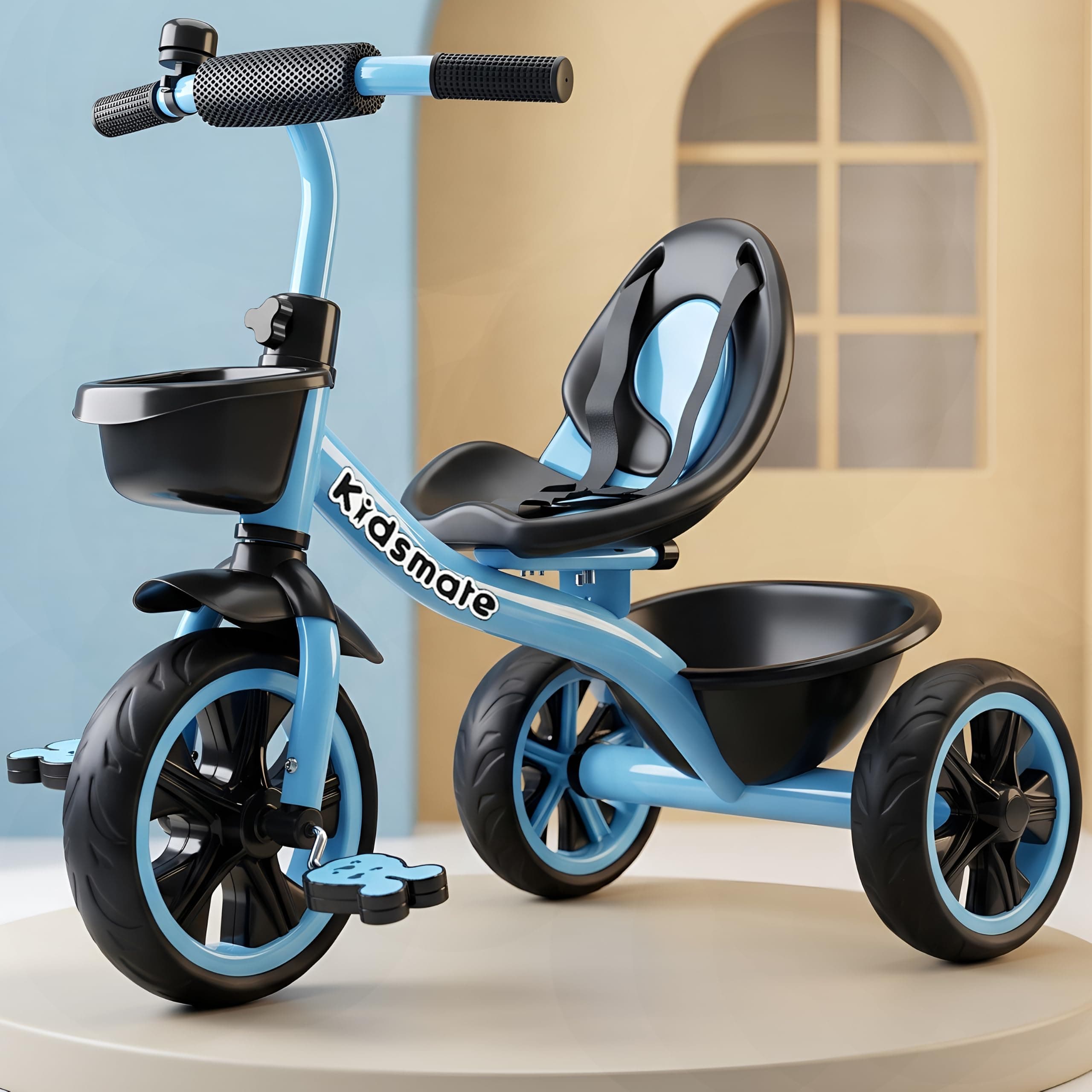 Kidsmate Zoom Trike Cycle for Kids 2-5 Years | Tricycle for Kids | Tricycle for Boys & Girls | Baby Cycle with Anti-Skid EVA Wheels, Bell, Front & Rear Basket, Comfortable Seat | 30kg Capacity - Blue