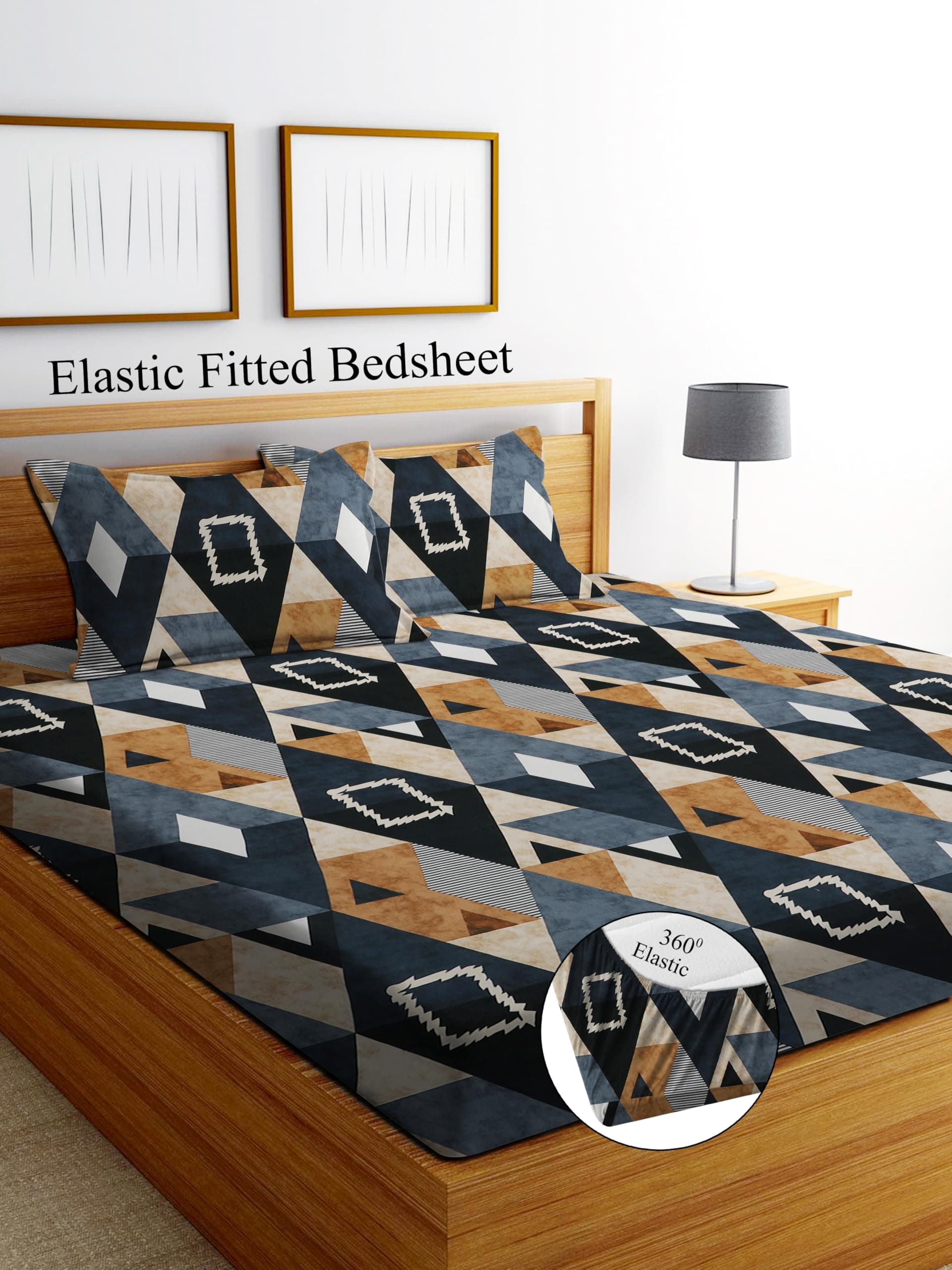 DECORUM Glace Cotton Fitted 1 Bedsheet King Size (72"x78") | All Around Elastic | Cotton Feel | 2 Pillow Covers (17"x27") | Fits Up to 8" Mattress | 200-220 TC | Printed Double Bed Sheet Set