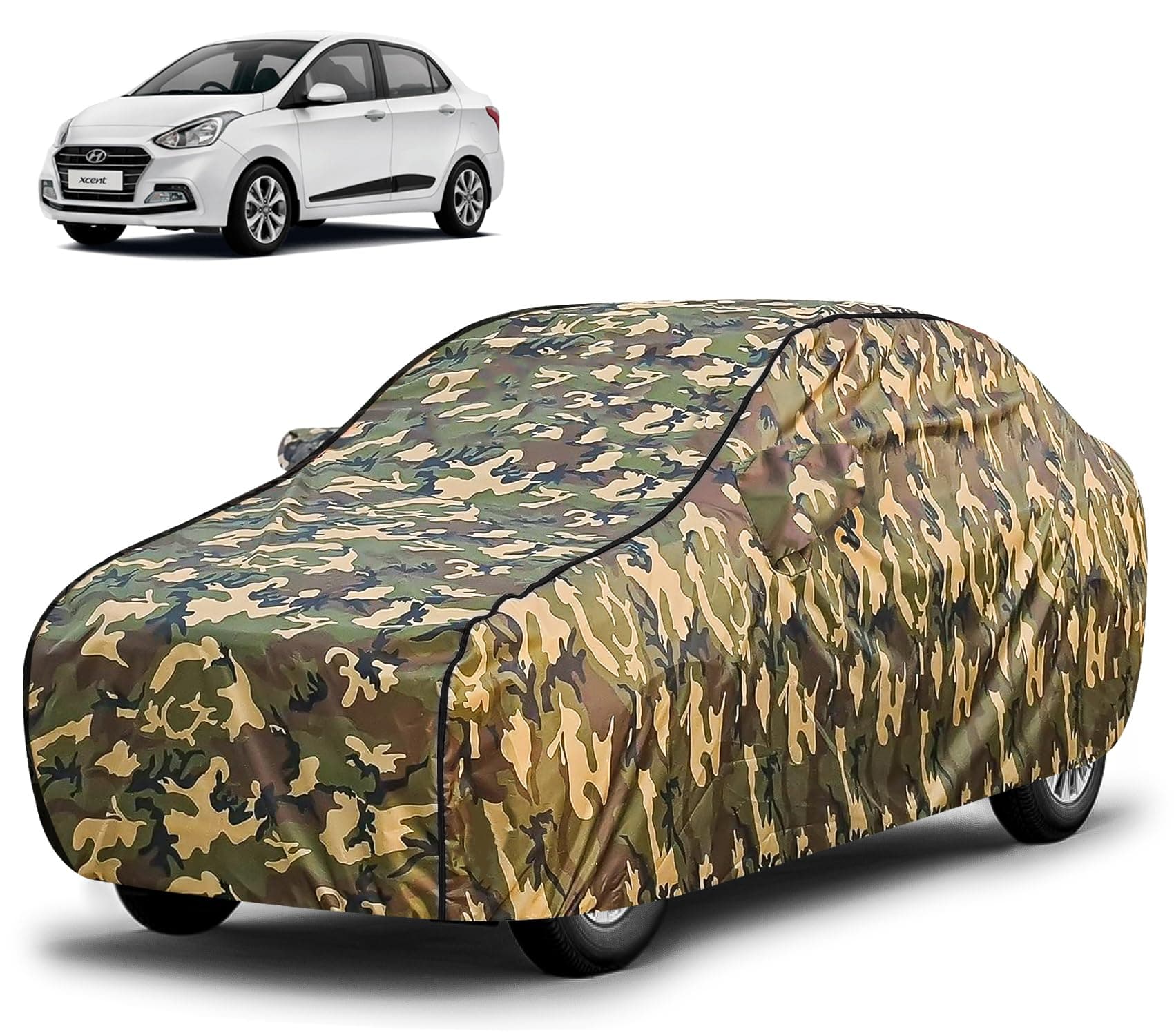FABTEC Waterproof Car Body Cover for Hyundai Xcent with Mirror Pocket, Triple Stitched (Military, Jungle Print, Camouflage Design)