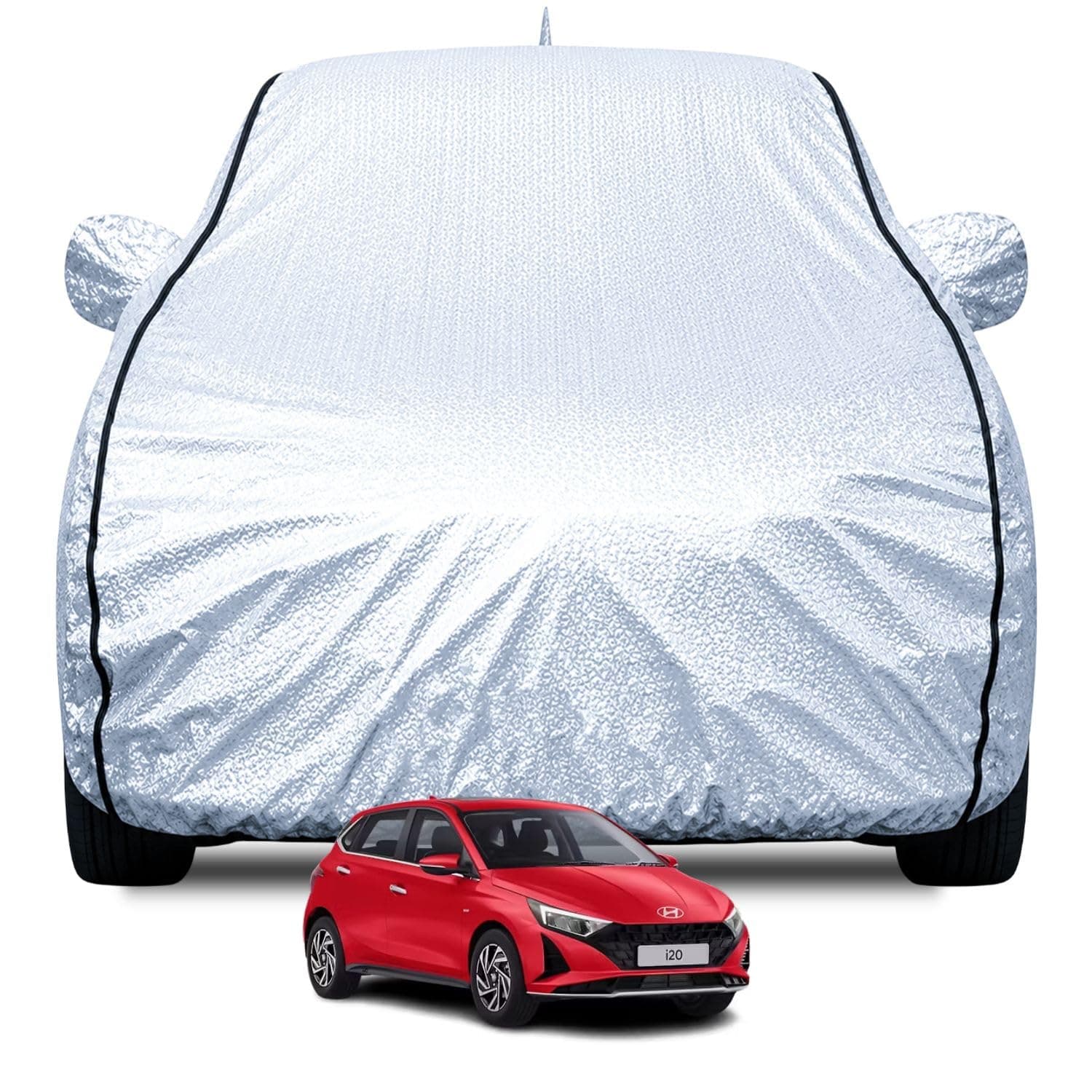 FABTEC Waterproof Car Body Cover for Hyundai I20 (2020-2025) with Mirror and Antenna Pocket, Soft Cotton Lining, Triple Stitched (Heat Resistant Metallic Silver with Black Piping)