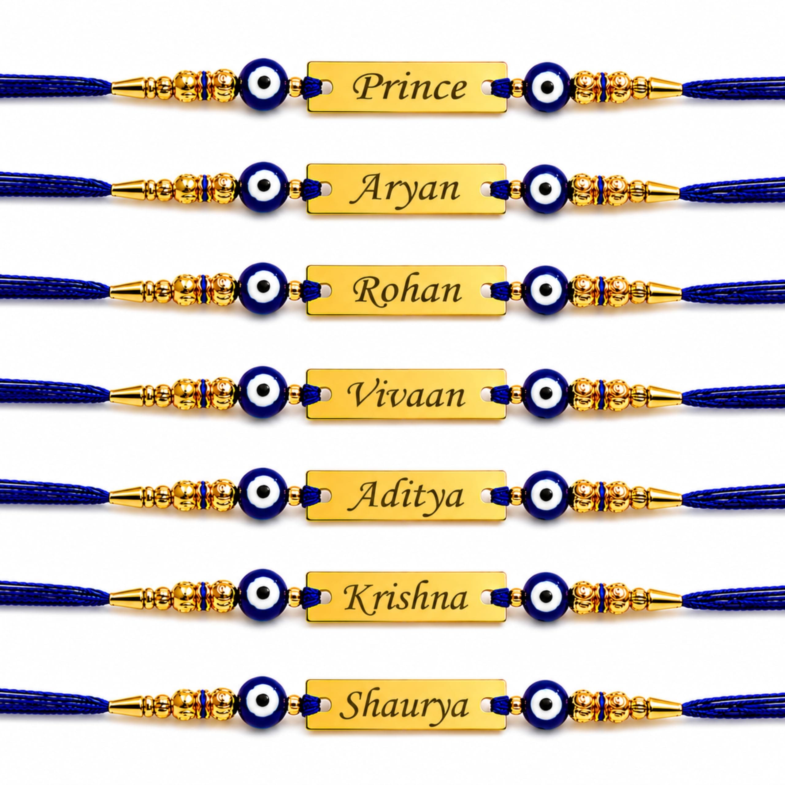 Pijera Custom Name Rakhi for Brother | Personalized Engraved Gold Finish Name Plate Rakhi with Evil Eye Beads & Blue Thread | Raksha Bandhan Gift for Brother | Pack of 1-10 (2)