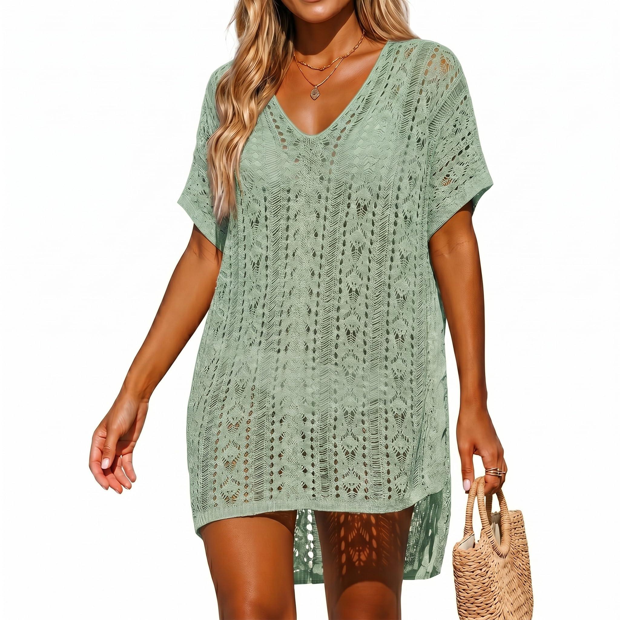 PANCA Crochet Cover Up for Women, Loose Fit V Neck, Short Sleeve (Green)