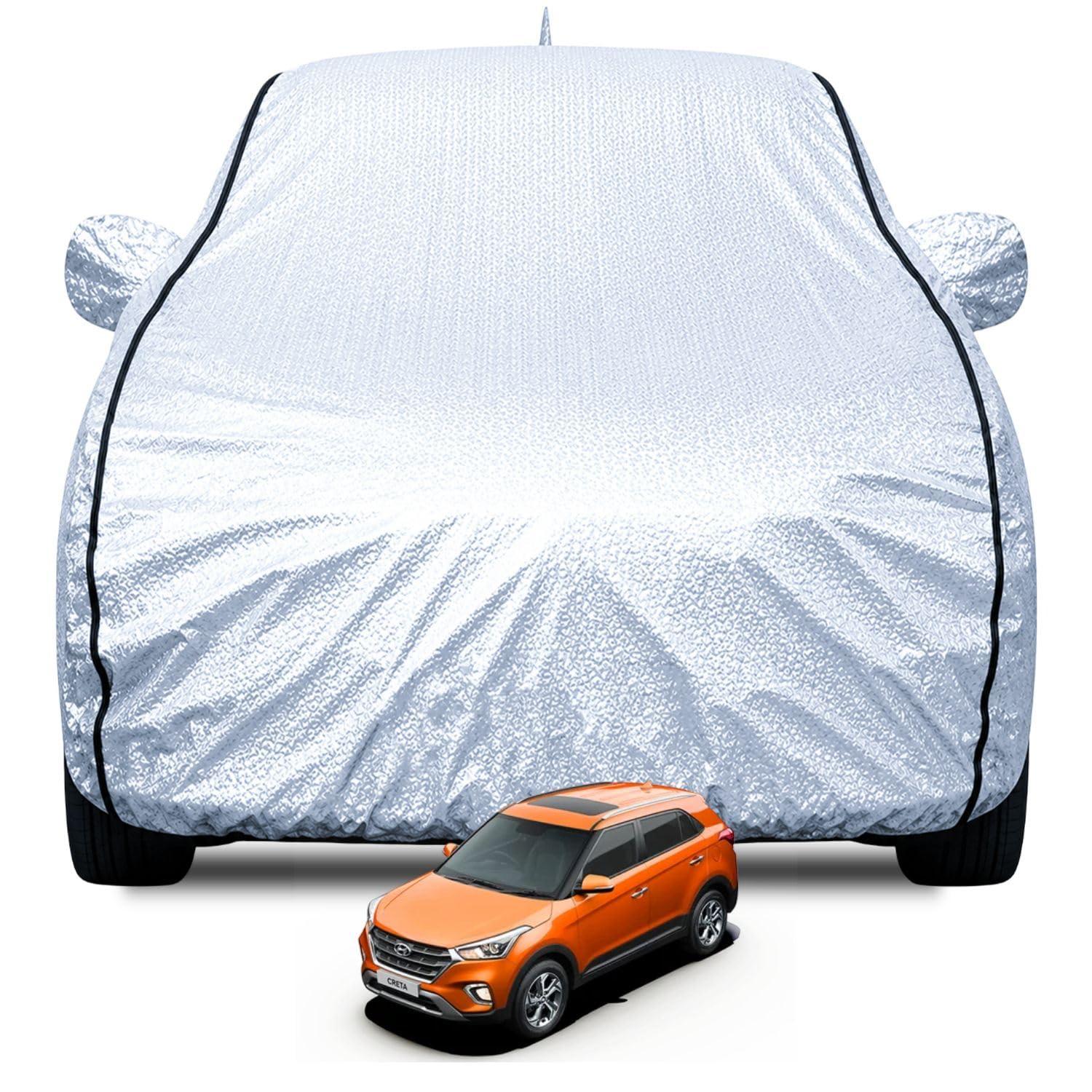 FABTEC Waterproof Car Body Cover for Hyundai Creta (2020-2023) with Mirror and Antenna Pocket, Soft Cotton Lining, Triple Stitched (Heat Resistant Metallic Silver with Black Piping)