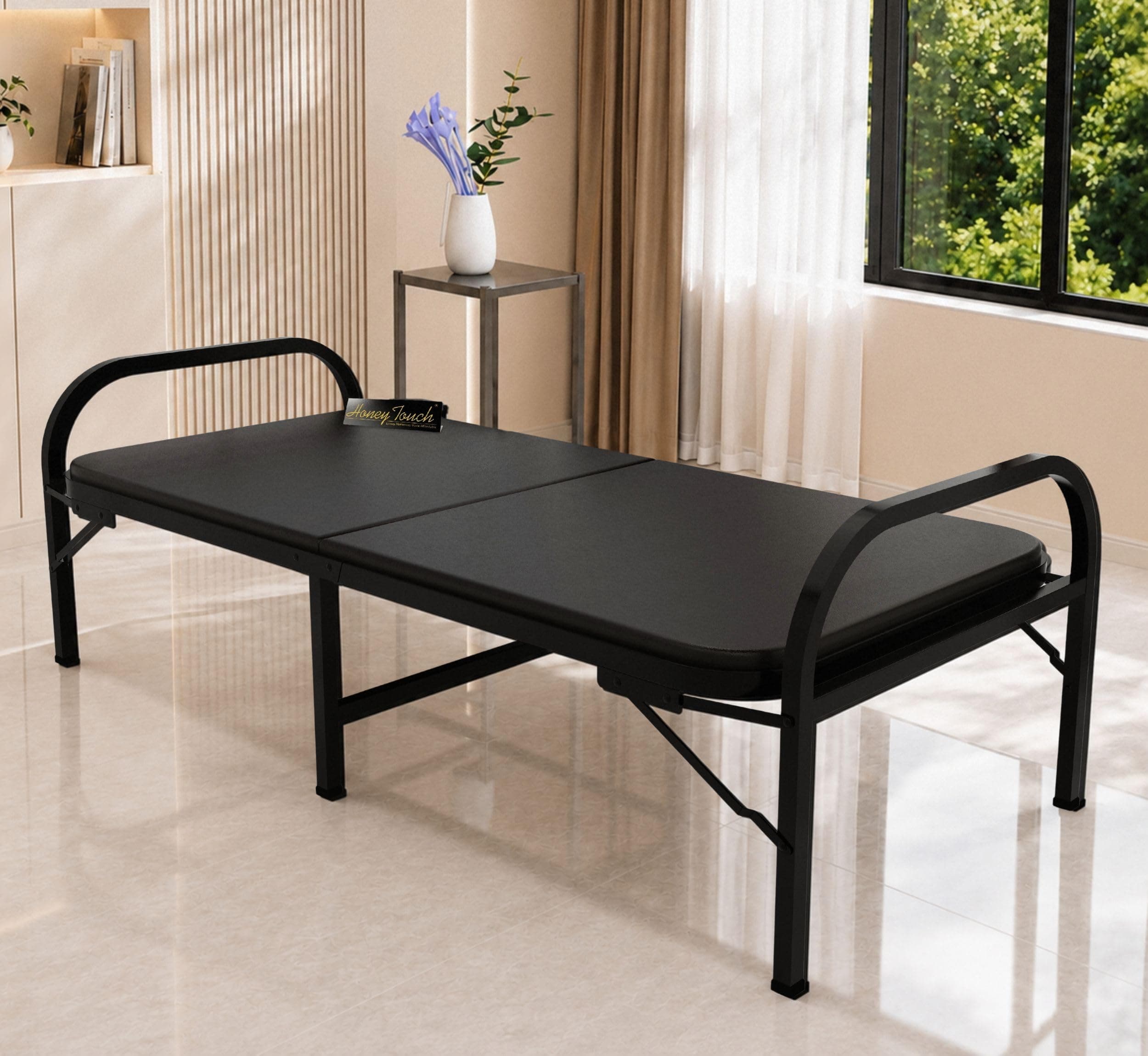 Honey Touch Atlas Folding Bed Single for Sleeping with Mattress | No Assembly Required | Foldable Bed for Sleeping/Guests/Rented Apartments/Bedroom (3ft x 6ft, Black)