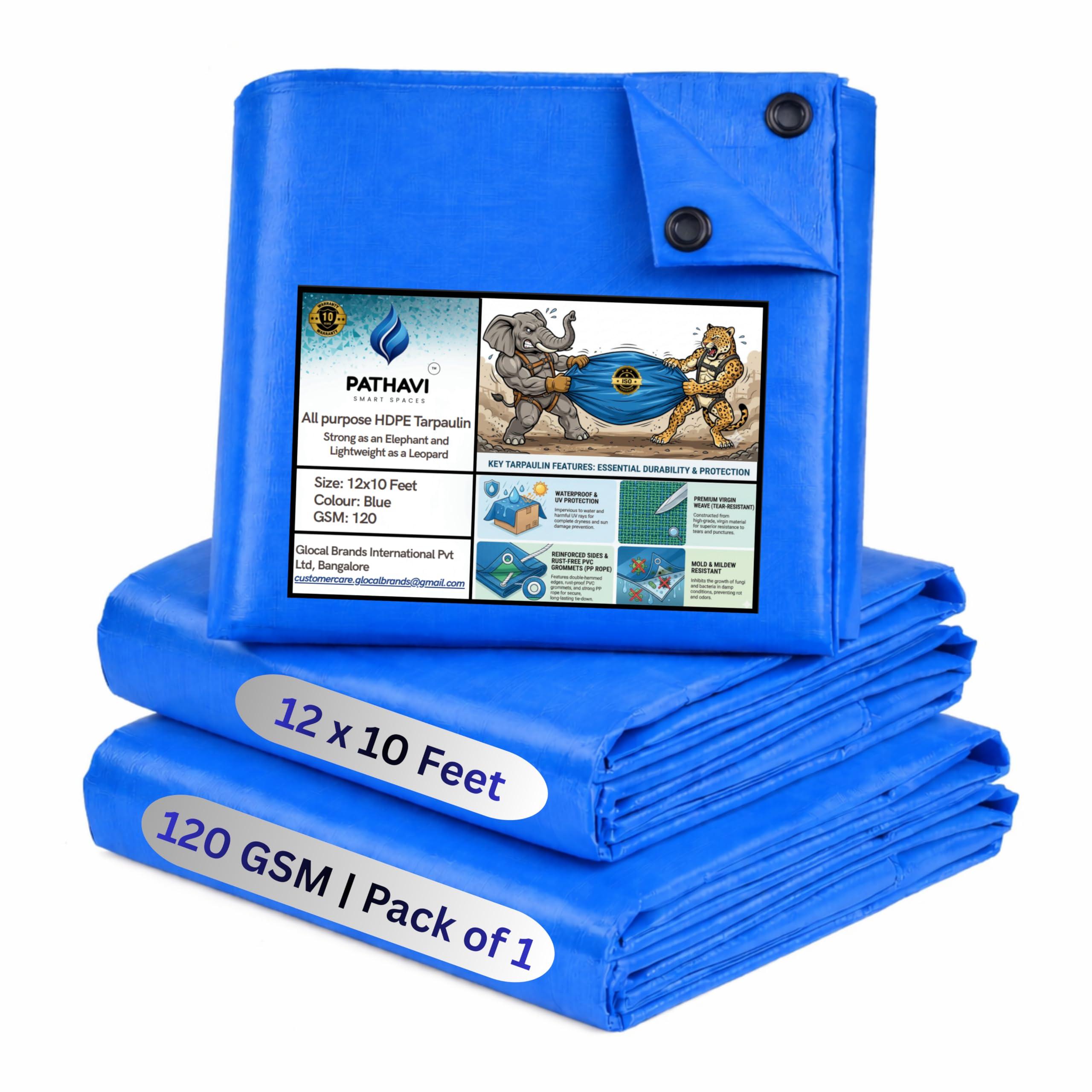 Pathavi Premium 12x10ft Blue Tarpaulin, Thadika, 120 GSM Virgin Tharpai Sheet, Heavy Duty Waterproof Tadpatri Cover with Reinforced Eyelets & UV Protection, Ideal for Trucks, Farms & Home Use, 1 Sheet