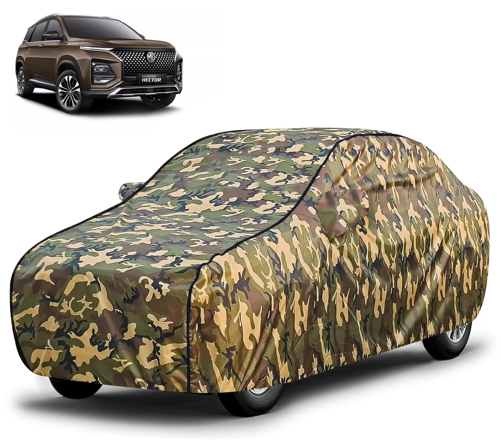 FABTEC Waterproof Car Body Cover for Mg Hector with Mirror Pocket, Triple Stitched (Military, Jungle Print, Camouflage Design)