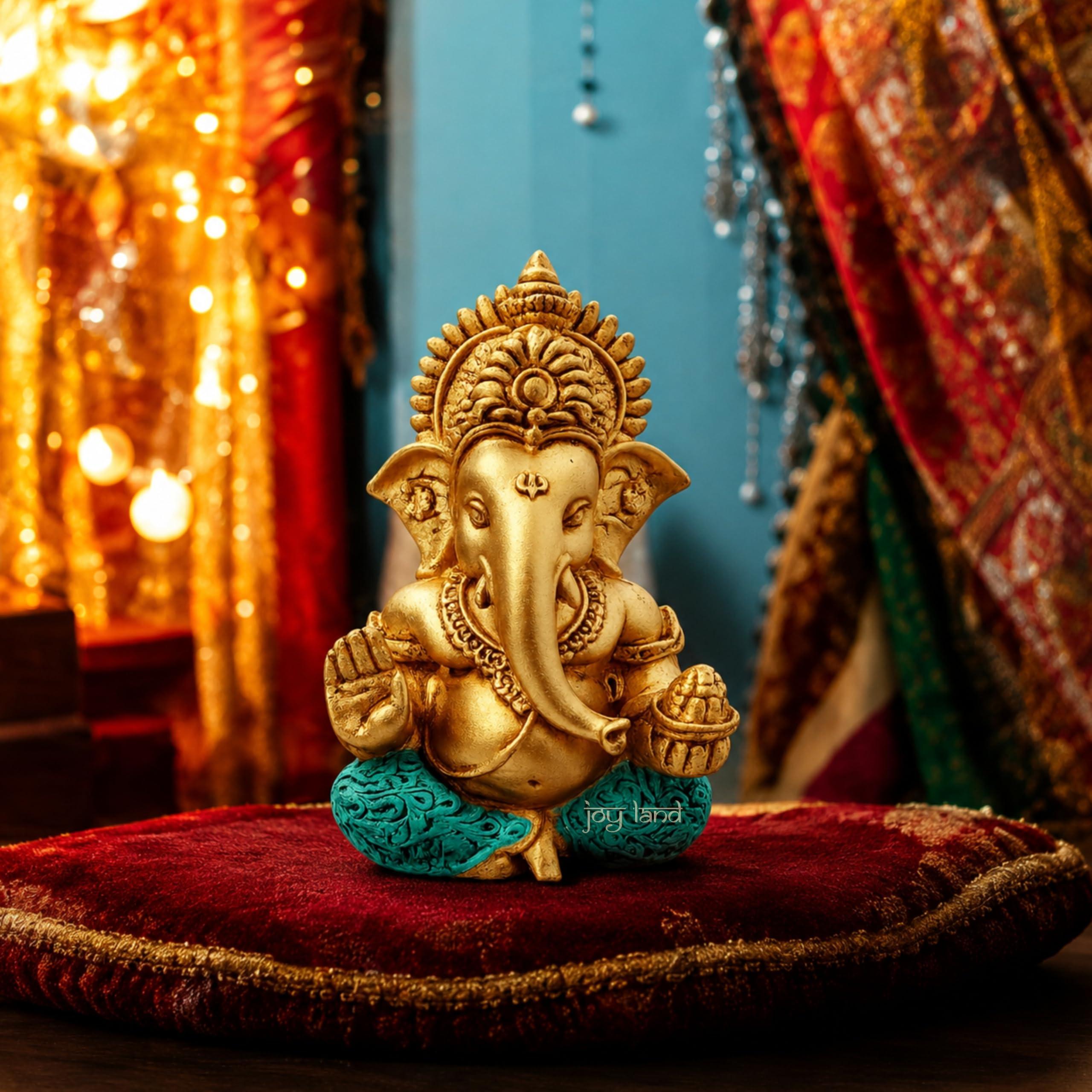 JOY LAND Lord Ganesha Car Dashboard Idol | White & Gold Ganesh Murti for Car Dashboard, Home & Office Decor (Gold)