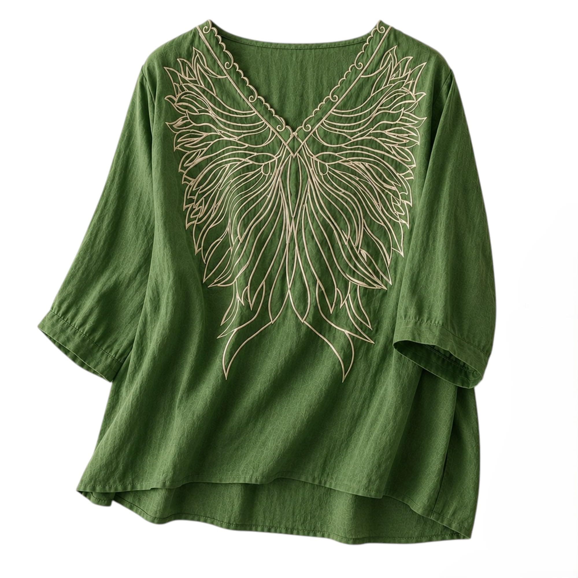 RIEKA Women's Embroidered Top for Women, Maroon V Neck Rayon, 3/4 Sleeve Casual Loose Fit Tunic, Boho Blouse for Women, Korean Style(Green-S)