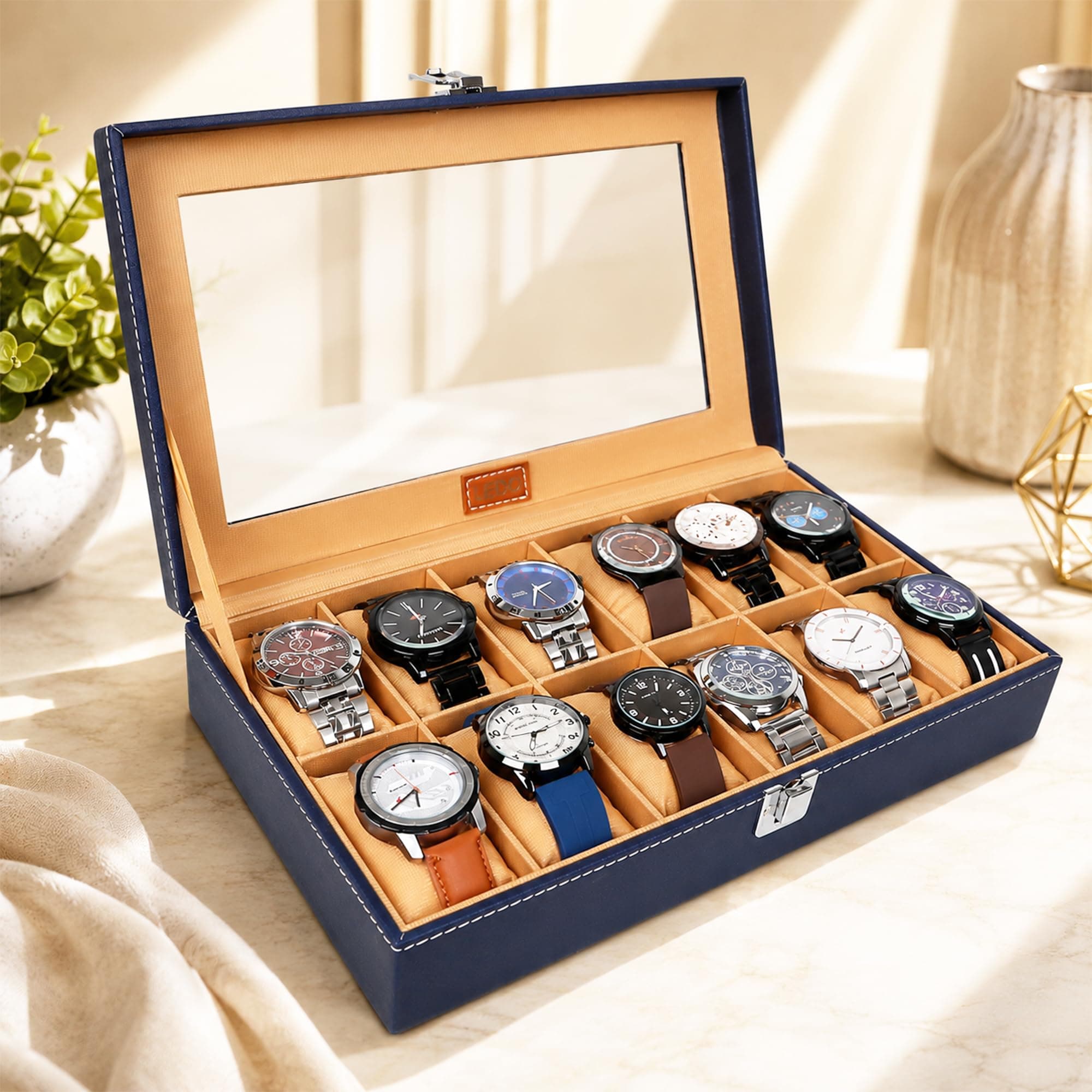 LEDO Luxury Watch Box Organizer with 12 Slots, PU Leather Case with Transparent Display, Blue and Tan Interior, Metal Clasp Lock, Soft Cushioned Storage for Men and Women