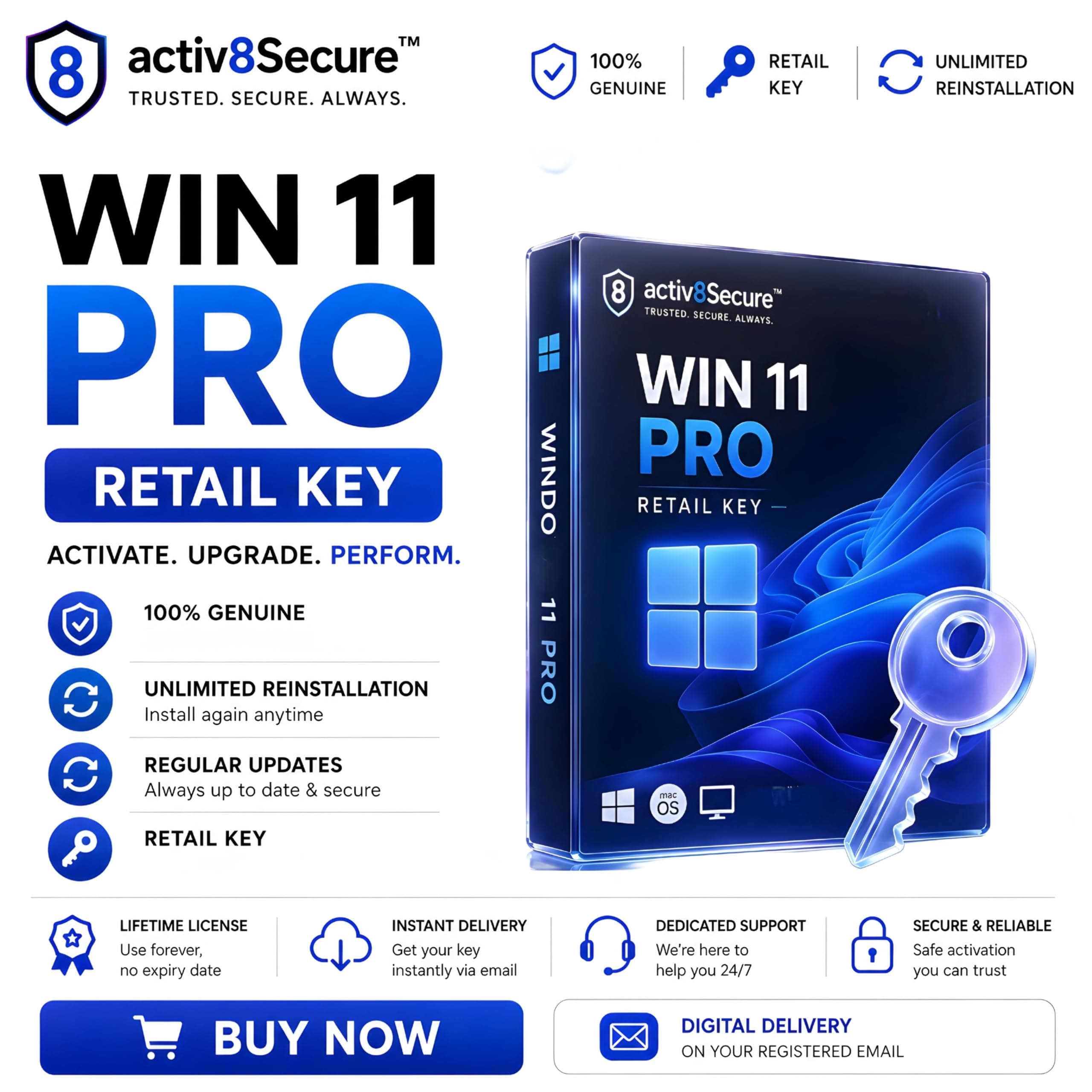 Win11 PRO [Retail KEY] [Phone Activation] (1 User/PC) 32/64 bit | Unlimited Reinstallations | Lifetime Regular Updates | 2026 Version | 2Hr Email/Whatsapp Delivery) | Digital Licence Key
