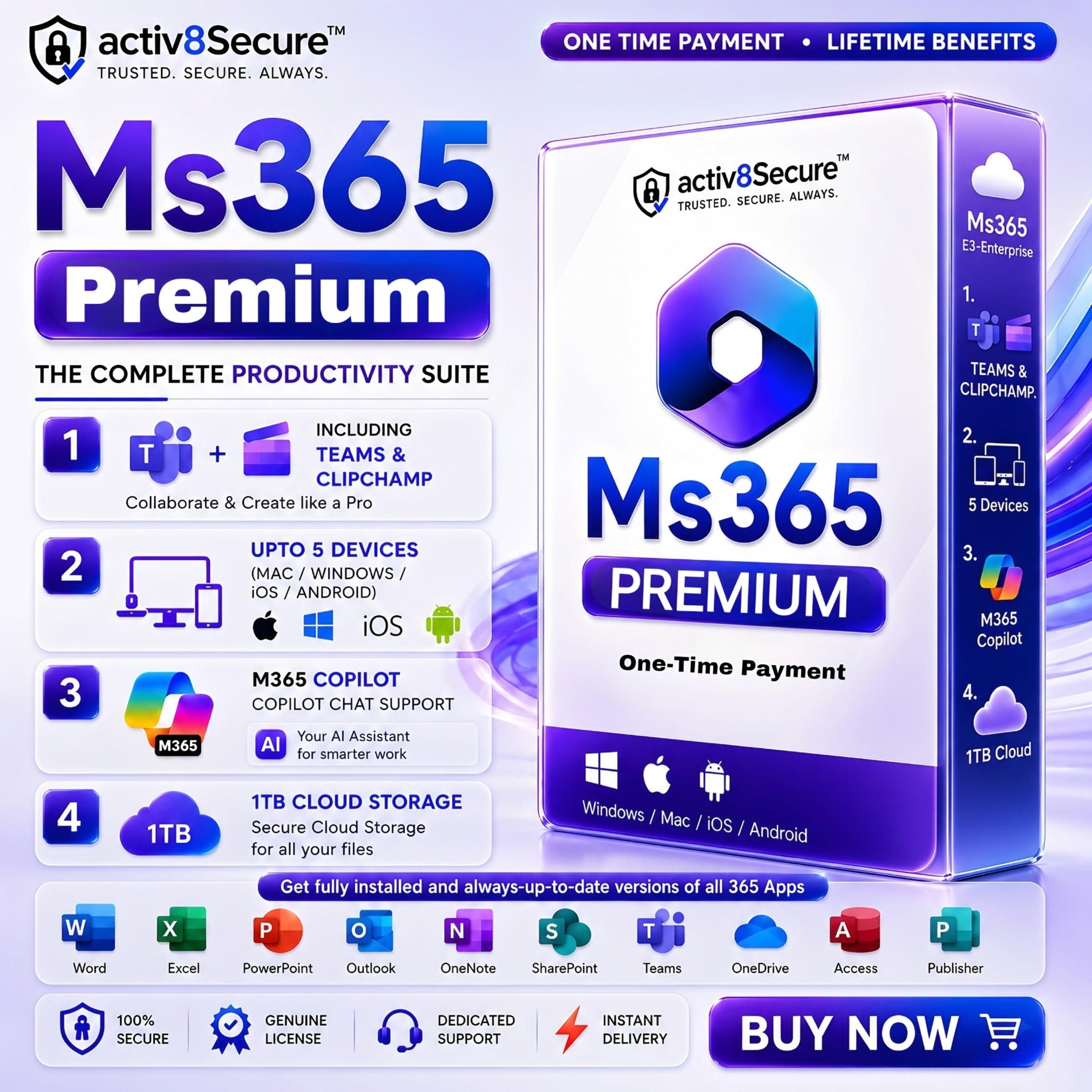 O'ffices 365 Premium | Including Teams | 1TB Cloud Storage | Lifetime Benefit | Windows, macOS, iOS & Android | Instant Digital | Custom User ID | Latest Version | Email/WhatsApp Delivery