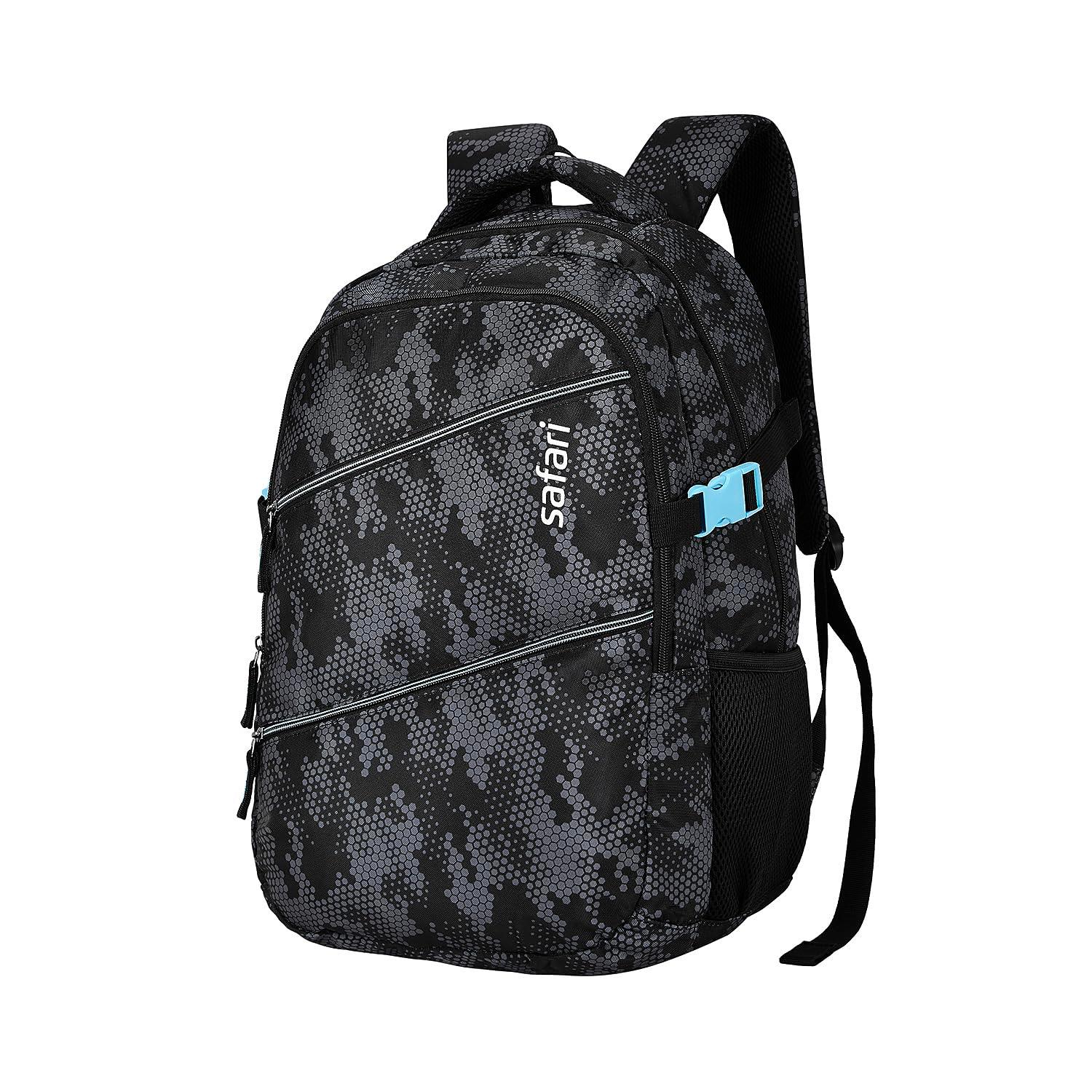 Safari Omega Plus Casual Laptop Backpack, 2 compartments, Raincover, Organizer, Full body print, Bottle holder, Front pockets Softline (Black)
