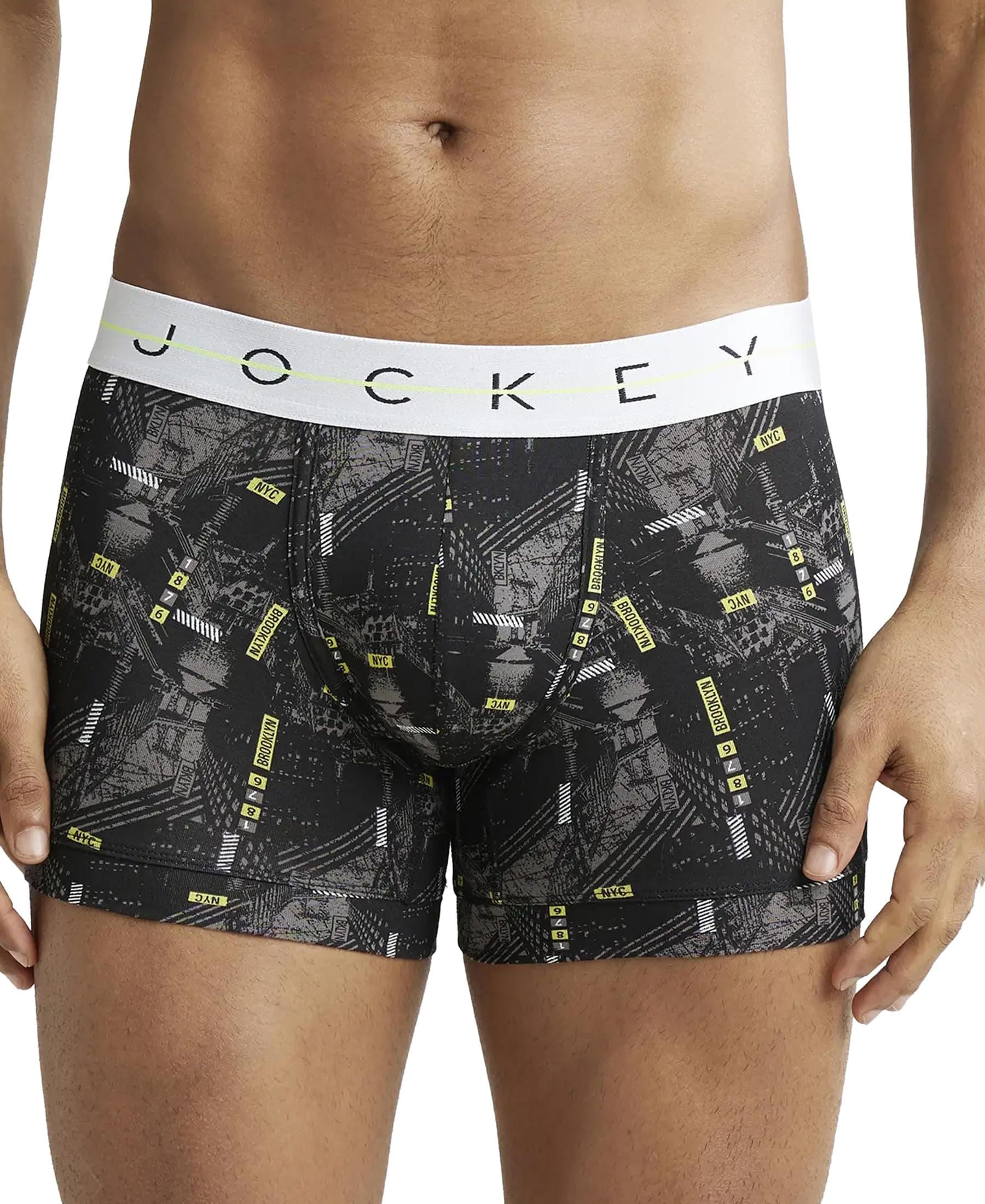 Jockey Men's Super Combed Cotton Elastane Stretch Printed Trunks with Ultrasoft Waistband_NY02_Black_S