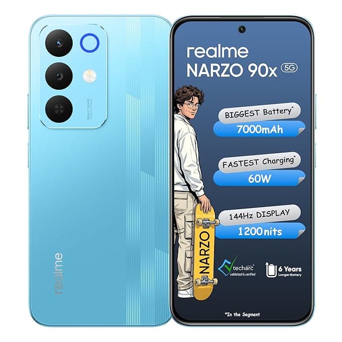 realme NARZO 90x 5G (Flash Blue 2026, 8GB+128GB) | 7000mAh + 60W Biggest Battery & Fastest Charging in the Segment* | 144Hz Bright Display | Sony 50MP AI Rear Camera | 400% Ultra Boom Speaker