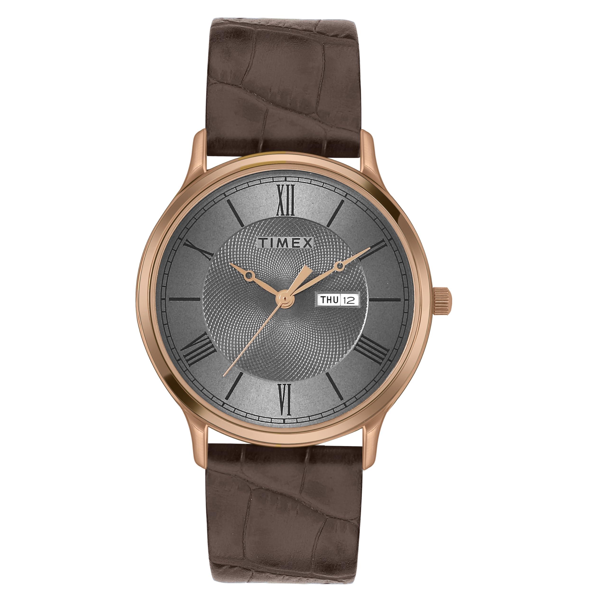 TIMEX Analog Watch for man with Grey Round Dial & Brown Leather Strap Band Water Resistant Men's Wrist Watches - TWTG10512