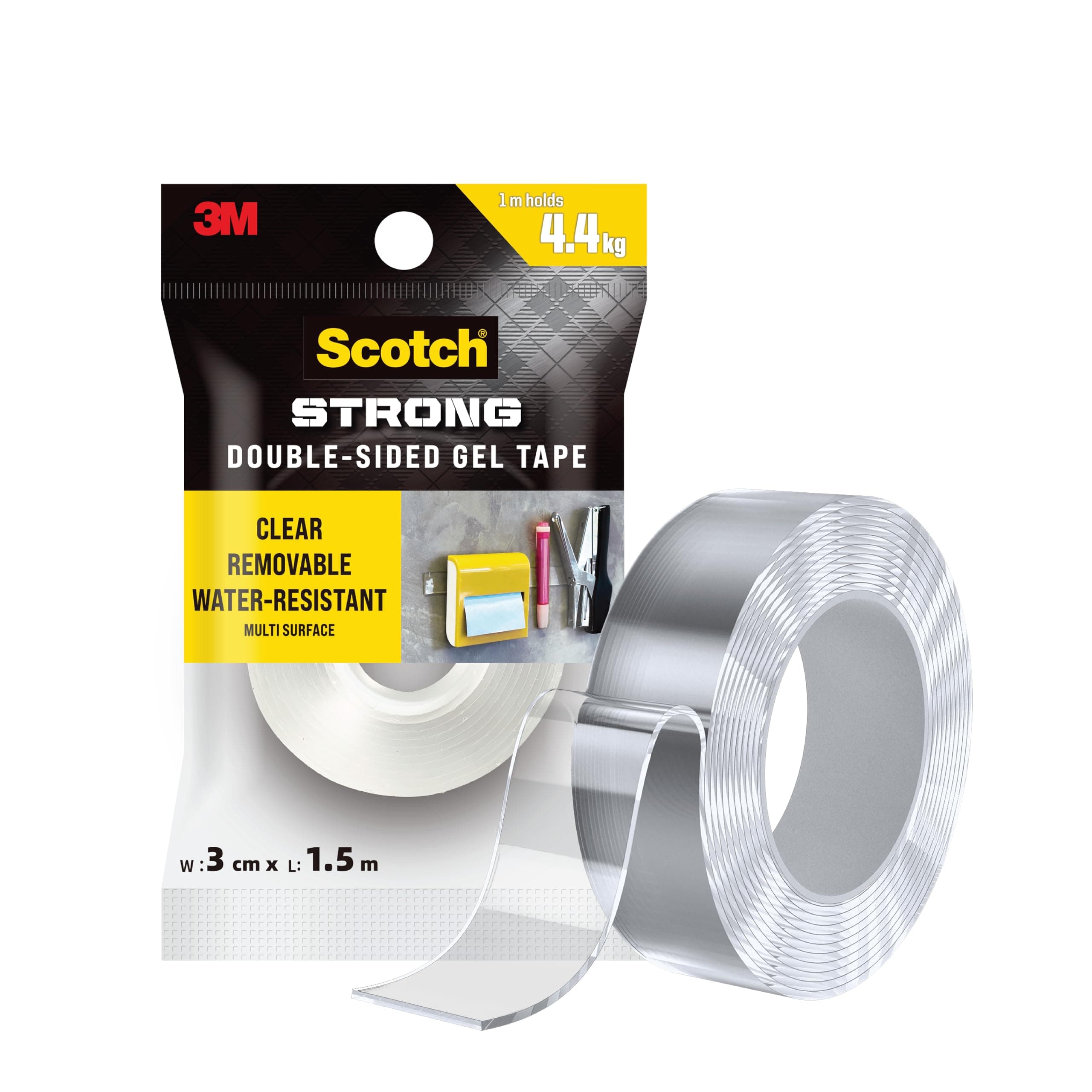 3M Scotch Double Sided Gel Tape, Heavy Duty, Multi-Purpose, Transparent, Strong Grip Nano Tape, Holds Upto 4.4KG per mtr, Water Resistant, Removable, Multi-Surface, Re-usable, 1 Roll (3cmx1.5m)