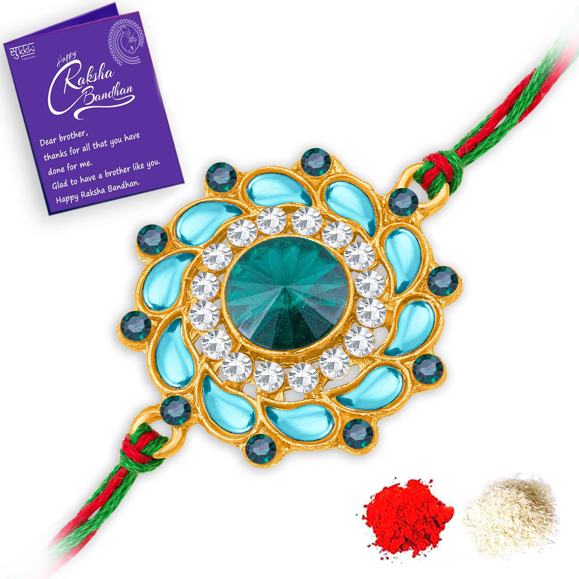 Sukkhi Mens Rakhi for Brother External Kundan Designer Gold Plated with Roli Chawal & Greeting Card|RAK104502