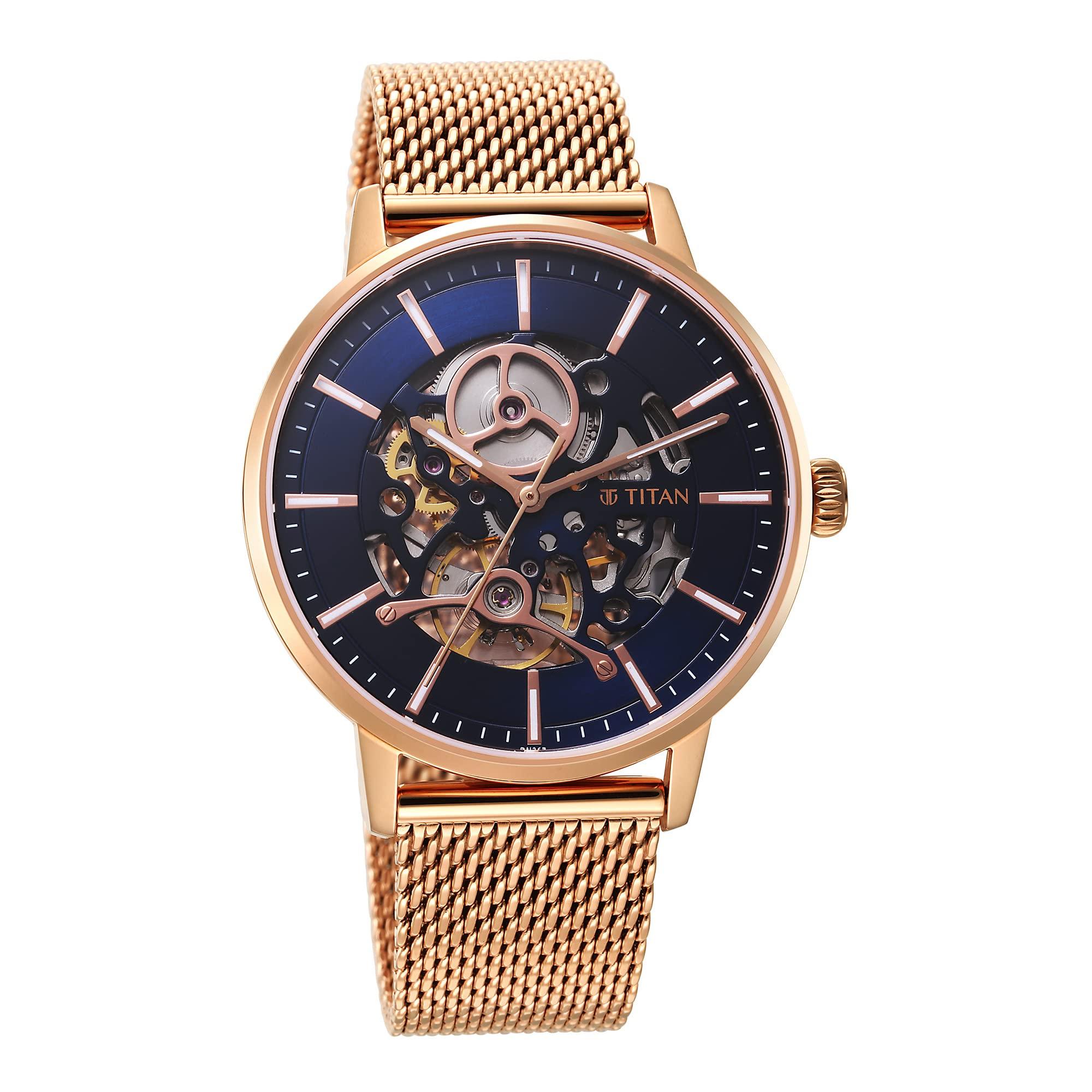 Titan Slimline Mechanical Midnight Blue Dial Rose Gold Stainless Steel Strap Watch for Men - NT90159WM01