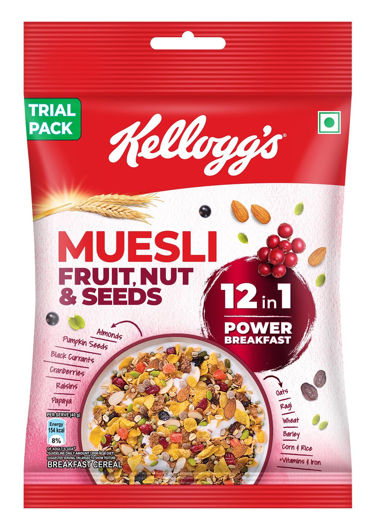 Kellogg's Muesli Fruit Nut & Seeds | 12 In 1 Power Breakfast | No Maida No Palm Oil | India's No 1 Muesli | 72g/ 65g (Weight May Vary)