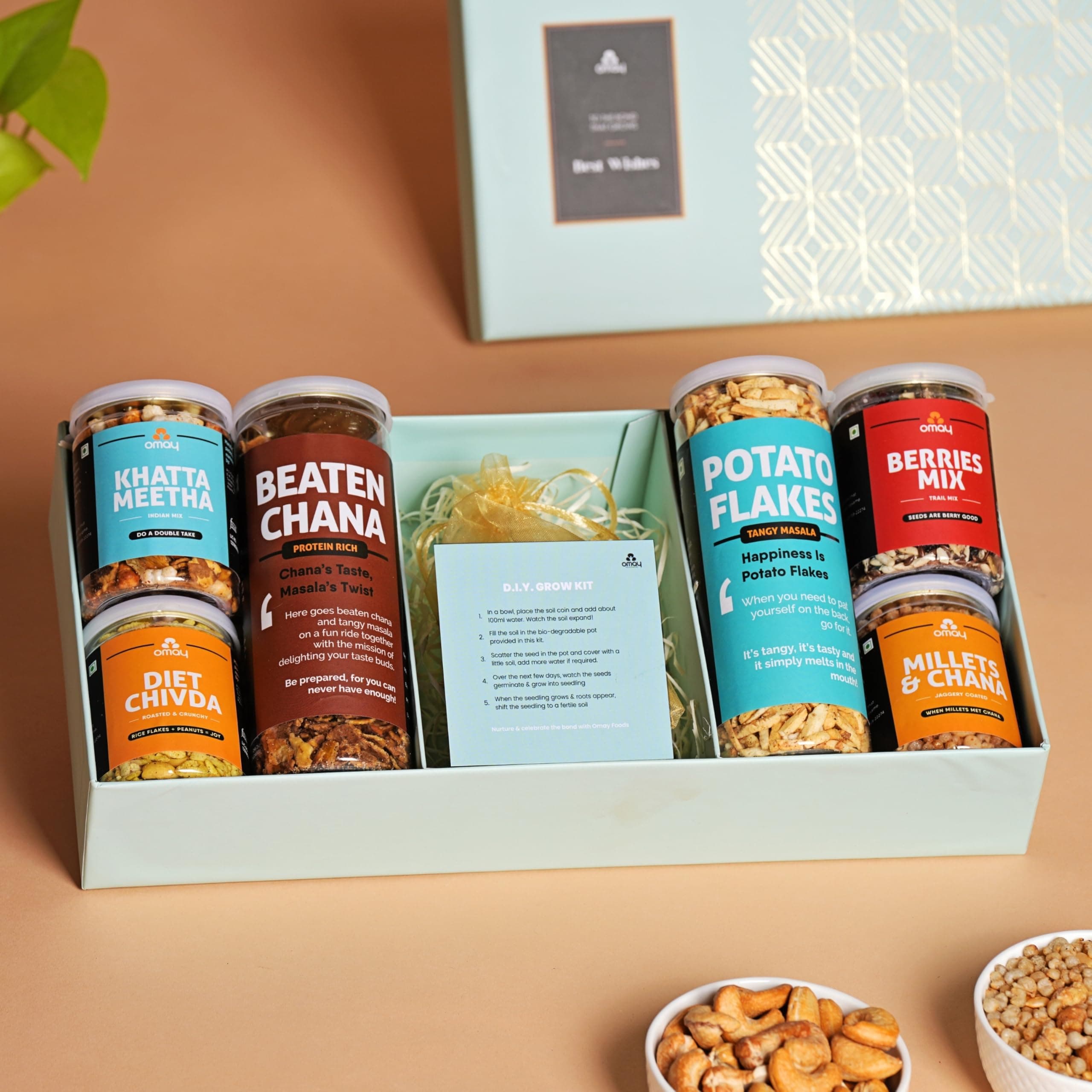 Omay Foods 7_Pcs Awesome Grow Kit Gift Box | Roasted Healthy Snacks & Plantable Seed Set | Corporate Gifts for Employees & Clients | Wedding Gift Box | Birthday, Anniversary & Housewarming Gifts