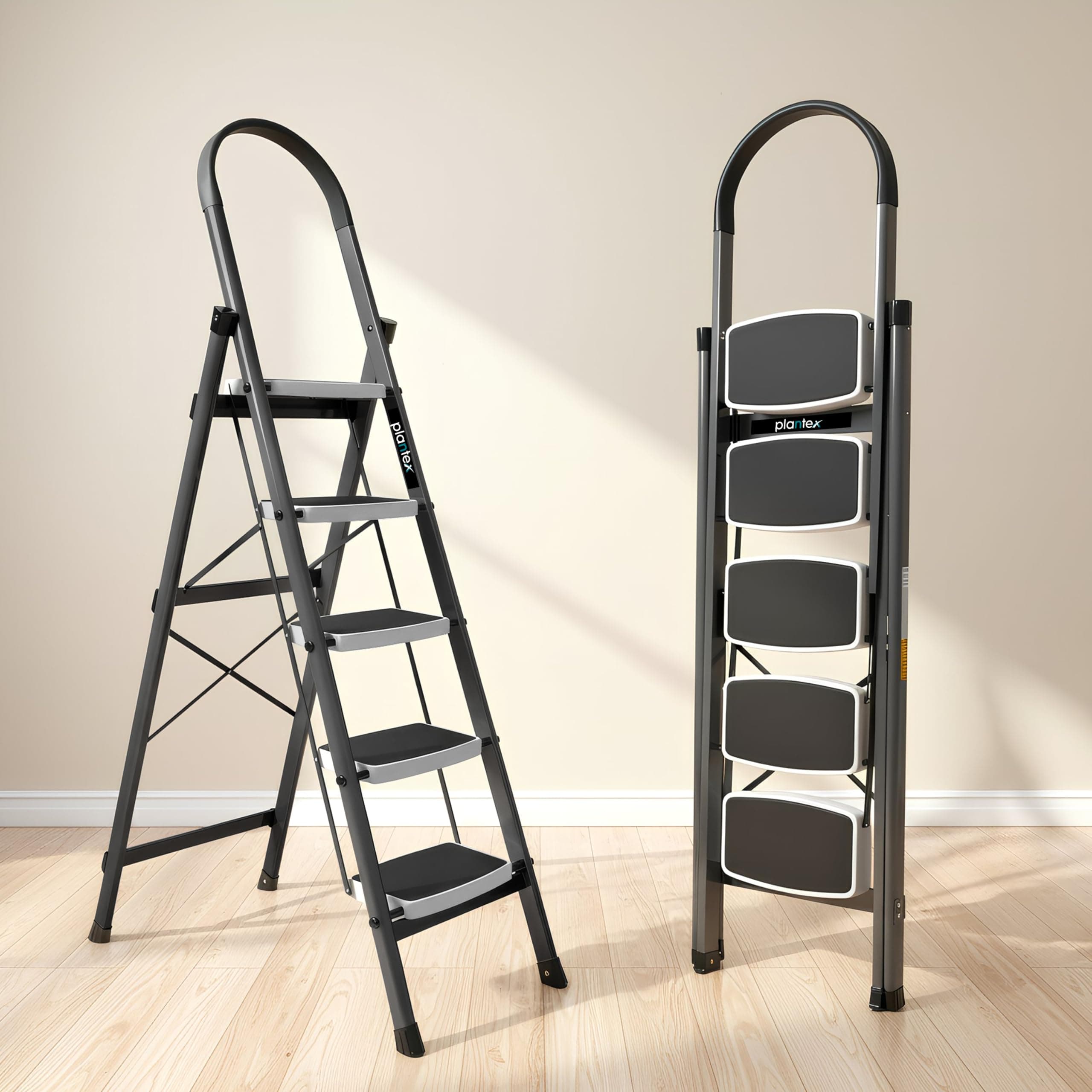 Plantex Steel 5 Step Ladder for Home/Wide Anti Skid 5 Step Ladder Foldable/5 Year Manufacturer Warranty By Plantex (Gray)