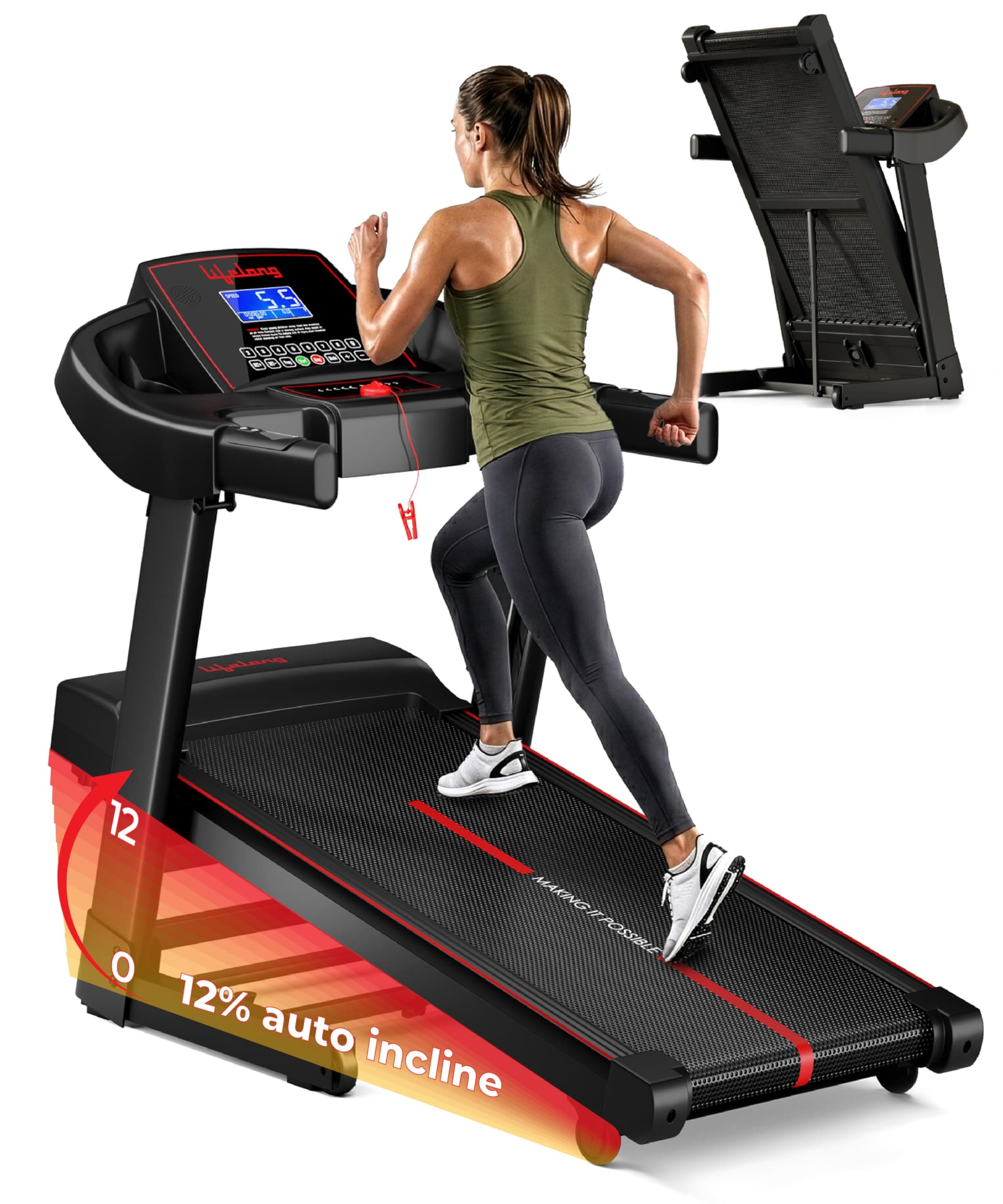 Lifelong 5HP Peak Motorized Treadmill for Home | 12% Auto Incline | 12 Preset Programs | 14 km/h Speed | 110 kg Capacity | LCD Display| Hydraulic Fold | Wide Running Belt | Bluetooth & FitShow App