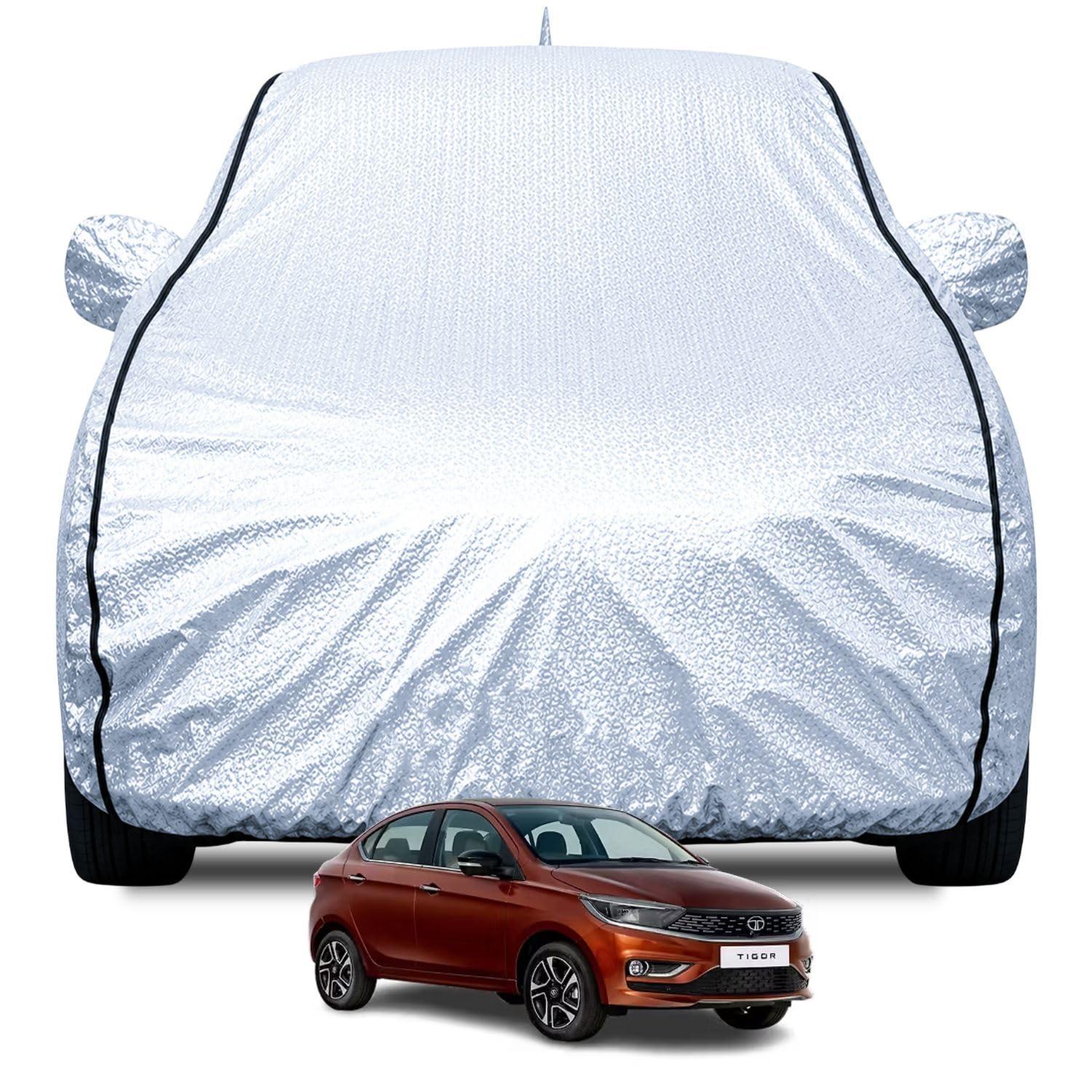 FABTEC Waterproof Car Body Cover for Tata Tigor with Mirror and Antenna Pocket, Soft Cotton Lining, Triple Stitched (Heat Resistant Metallic Silver with Black Piping)