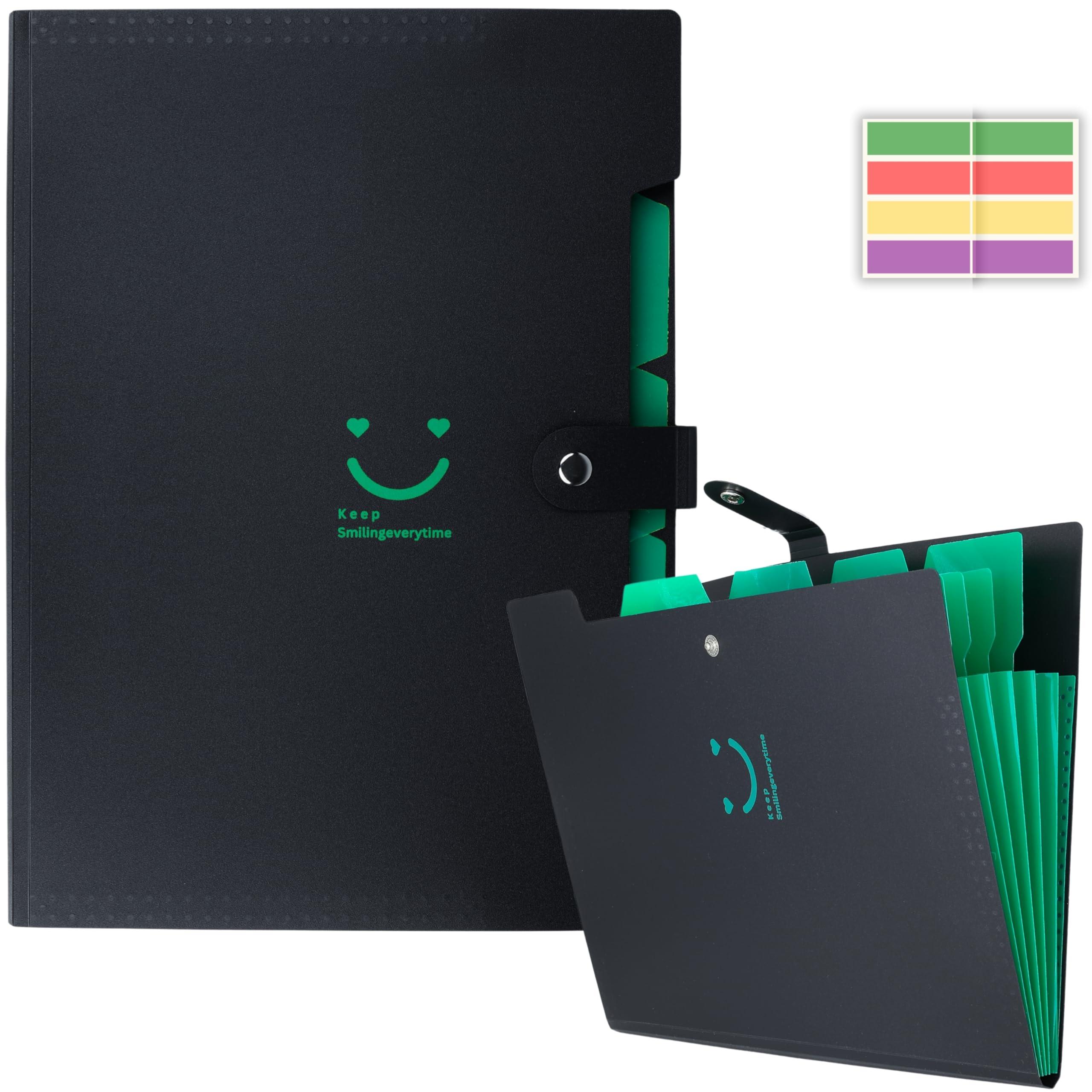 SPS 5 Pocket Expanding File Folder Smile Design - Fits A4 & Letter Size Document Organizer, Accordion File Folders, File Holder for Office, School & Home Use - Green