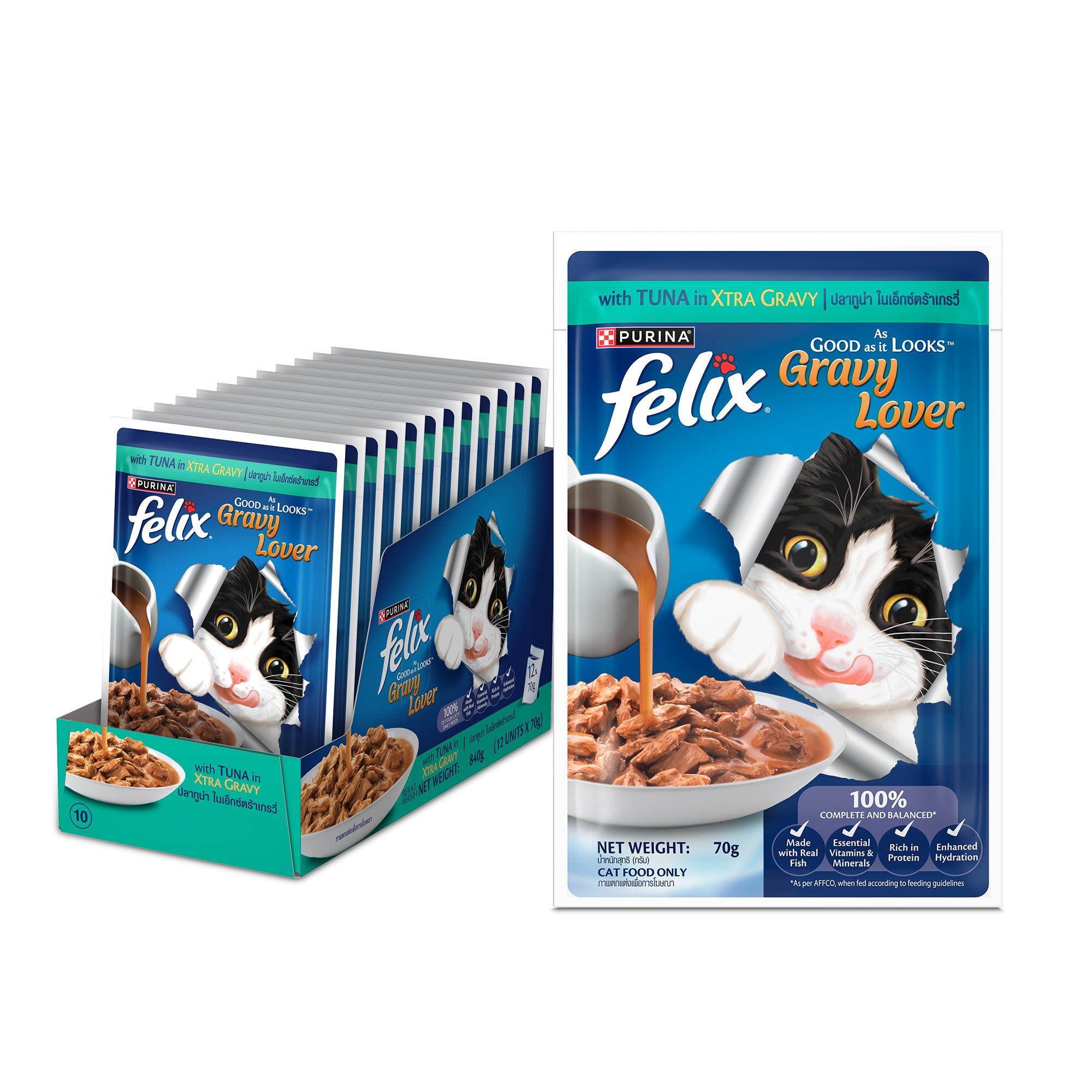 Purina Felix Tuna Gravy Lover, Wet Food for Adult Cats, Pack of 12 (12x70g)